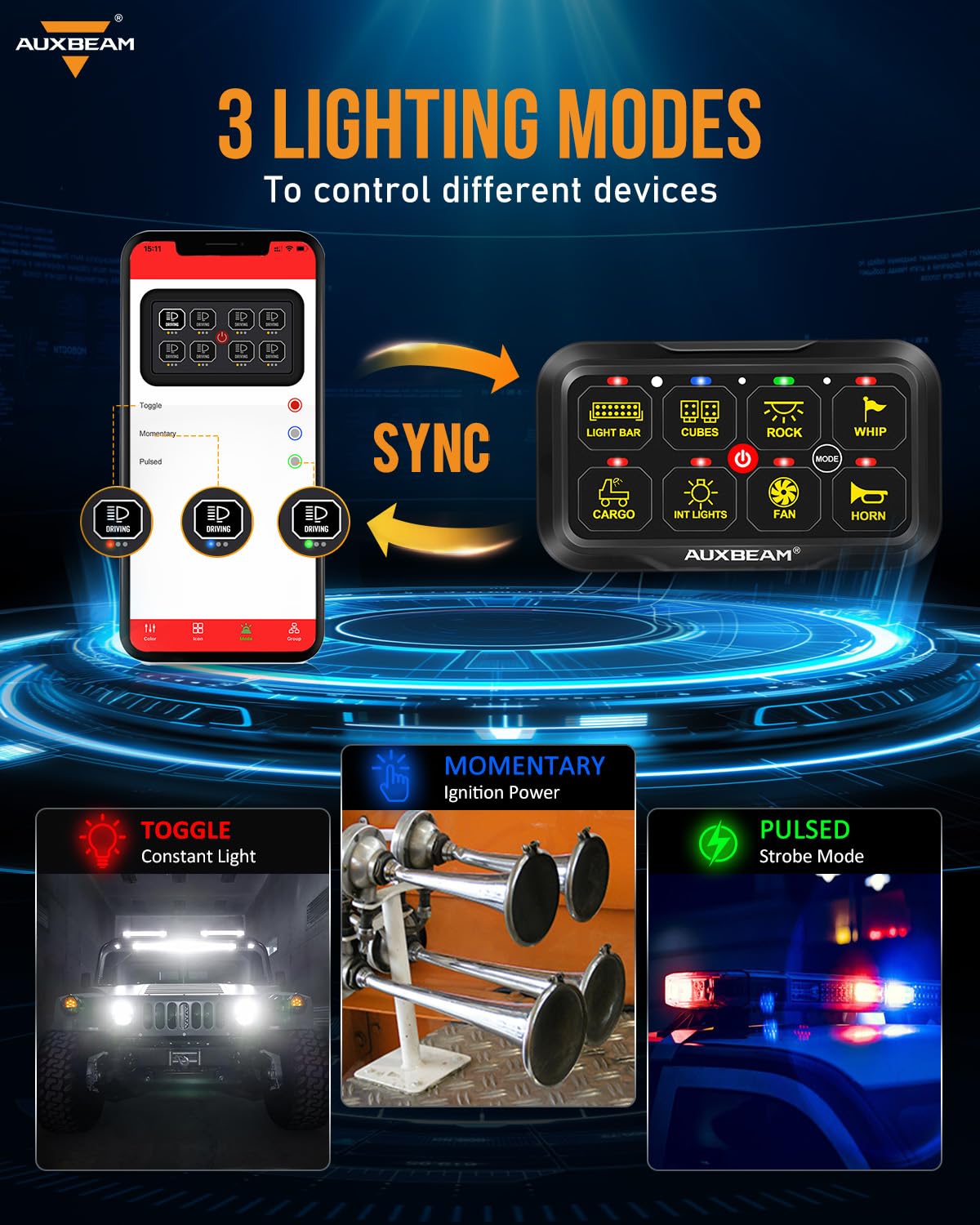 Auxbeam RGB Bluetooth Switch Panel - 8 Gang Toggle Momentary Switch for Truck UTV Boat - Waterproof with 2-Year Warranty
