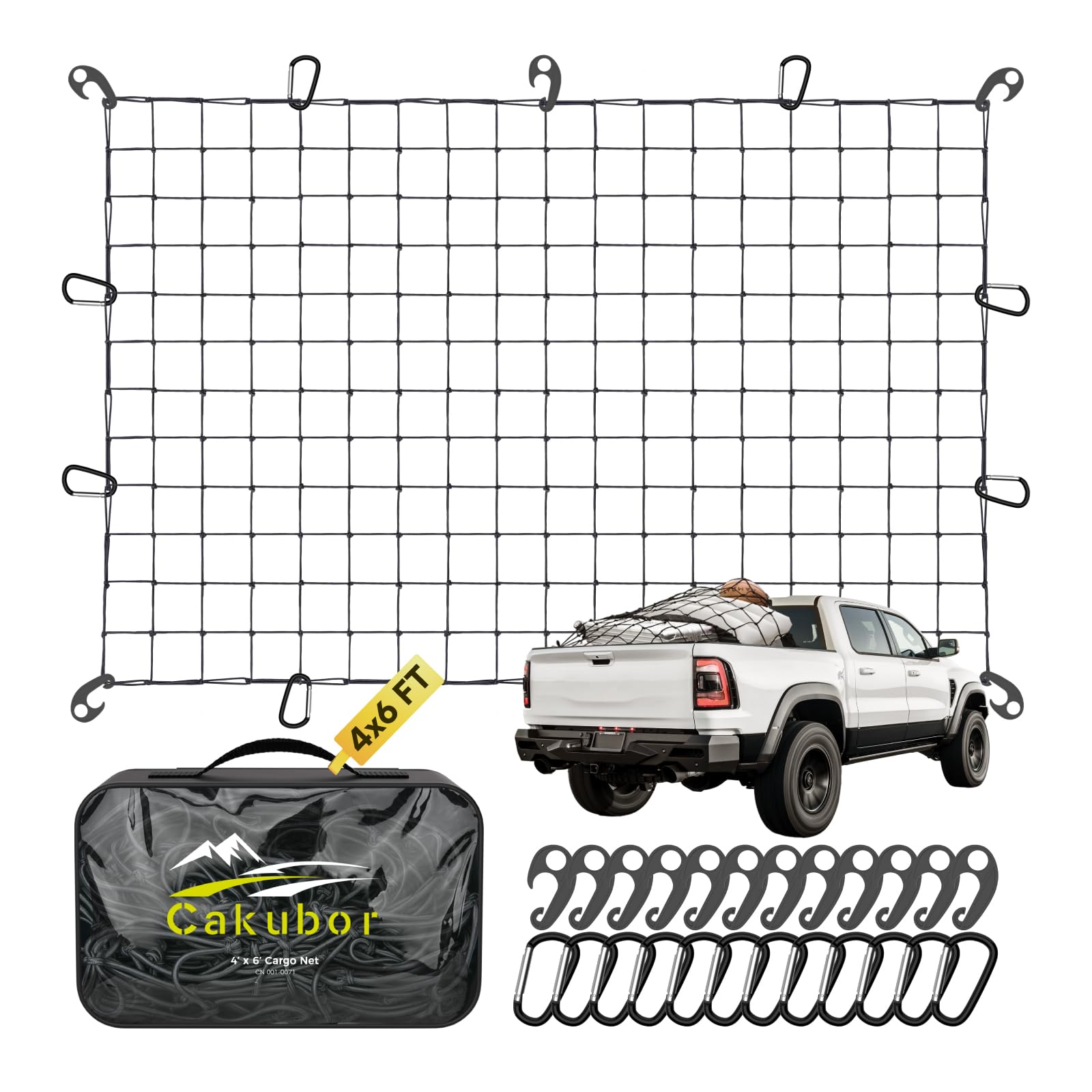 Cakubor Cargo Net For Pickup Truck Bed Suv, 4'X6' Stretches To 10'X15' Roof Rack Net, Small 4   X4    Mesh Heavy Duty Bungee Car