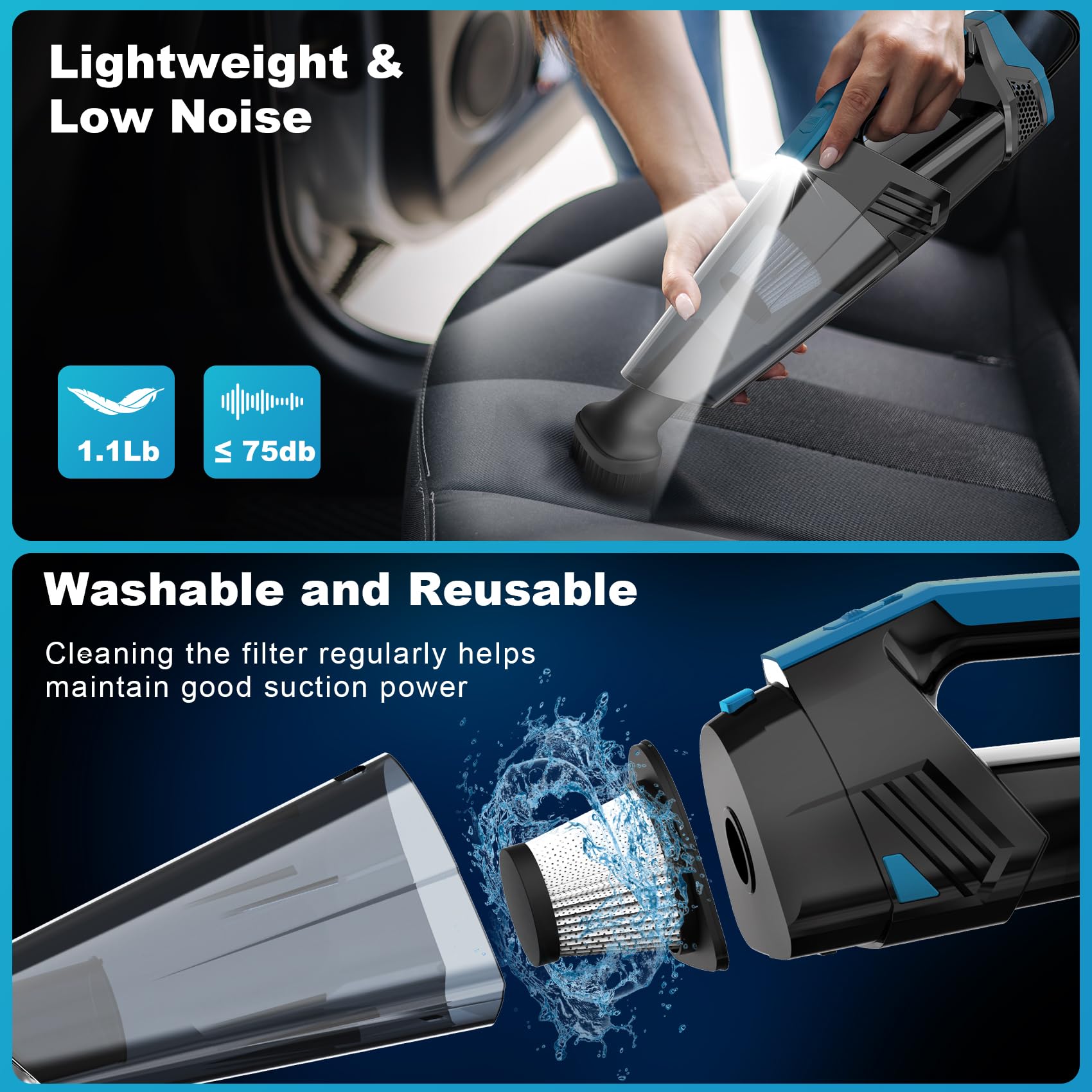 Car Vacuum - Portable Handheld Car Vacuum Cleaner High Power With 16.4Ft Cord, Bag, Led Light & Attachments - Dc 12V High Power