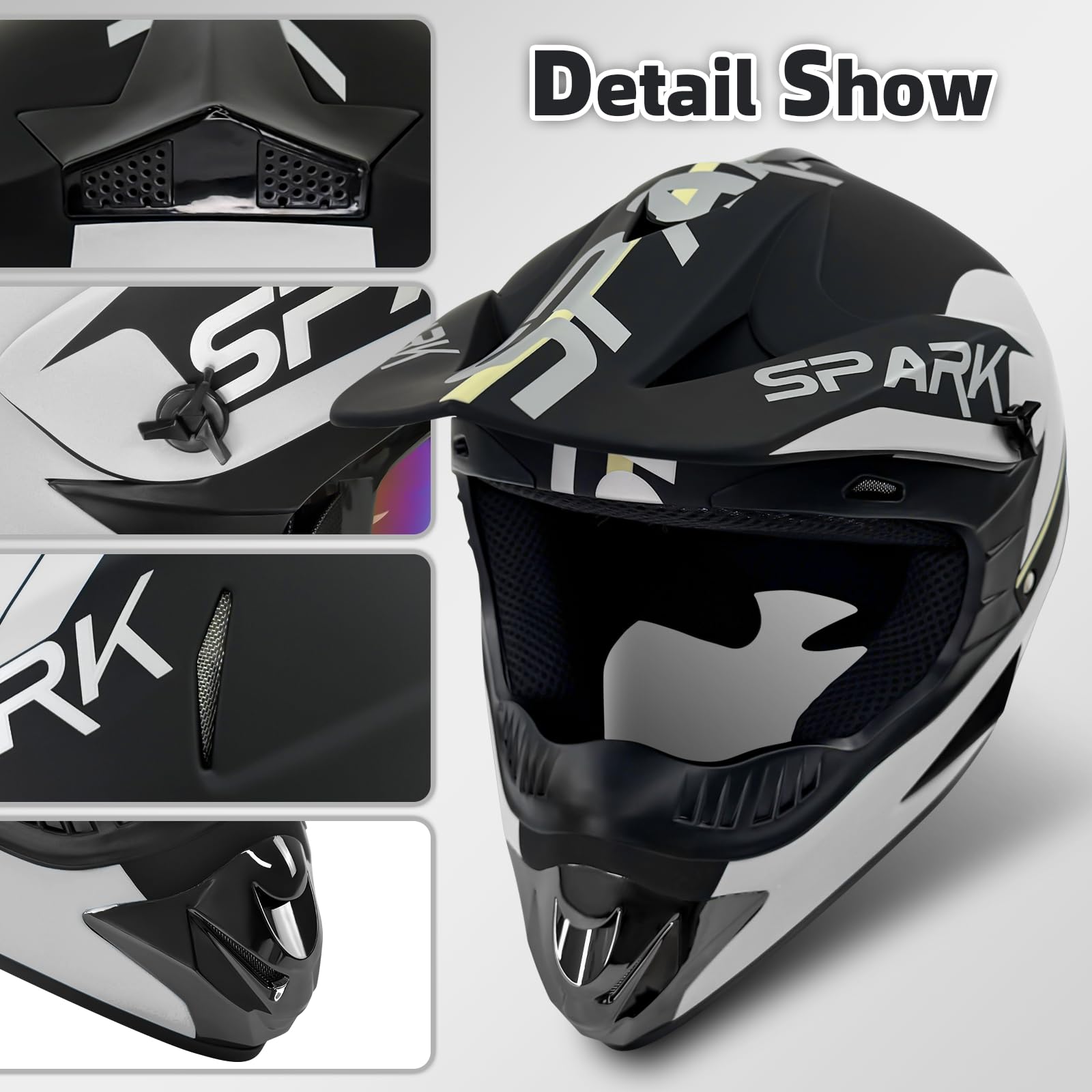Dirt Bike Helmets Youth Adult Motocross Off-Road Motorcycle Moutain Bike Helmet Dot Approved Goggles Gloves Faceshield (Silver,