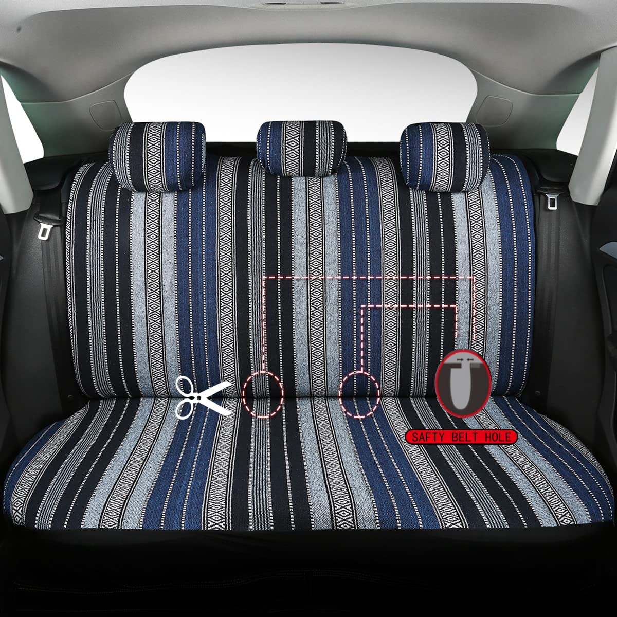 PONYJOYUP Baja Saddle Blanket Car Seat Covers 9PCS Full Set, Breathable Washable Striped for Sedan SUV Truck - Blue Baja