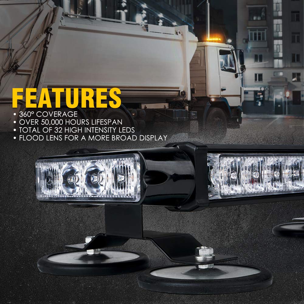 Xprite Amber 32 Led Strobe Flashing Light Bar, 21 Flash Modes 14.5 Inch Emergency Hazard Warning Beacon Lights With Magnetic Bas