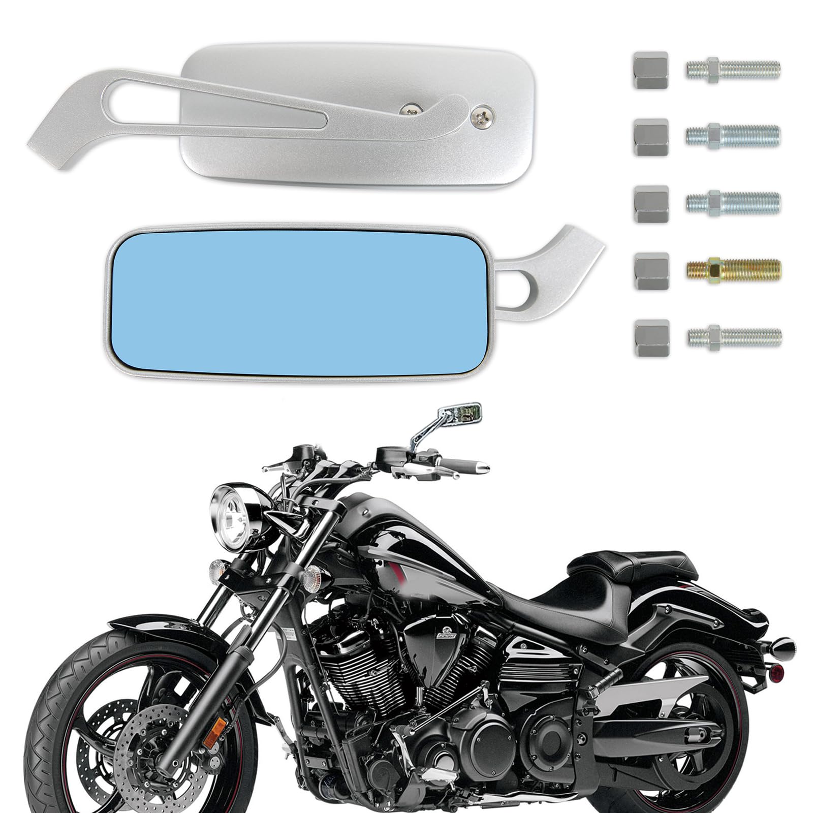 8Mm/10Mm Black Rectangle Motorcycle Rear View Side Mirrors For Cruiser Chopper Honda Kawasaki Suzuki Yamaha (Silver)