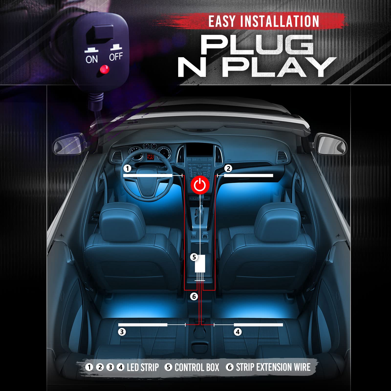 Opt7 Aura Interior Car Lights With Remote Control, Color Change, Music Sync Inside Ambient Lighting Kit, Led Light For Cars Truc