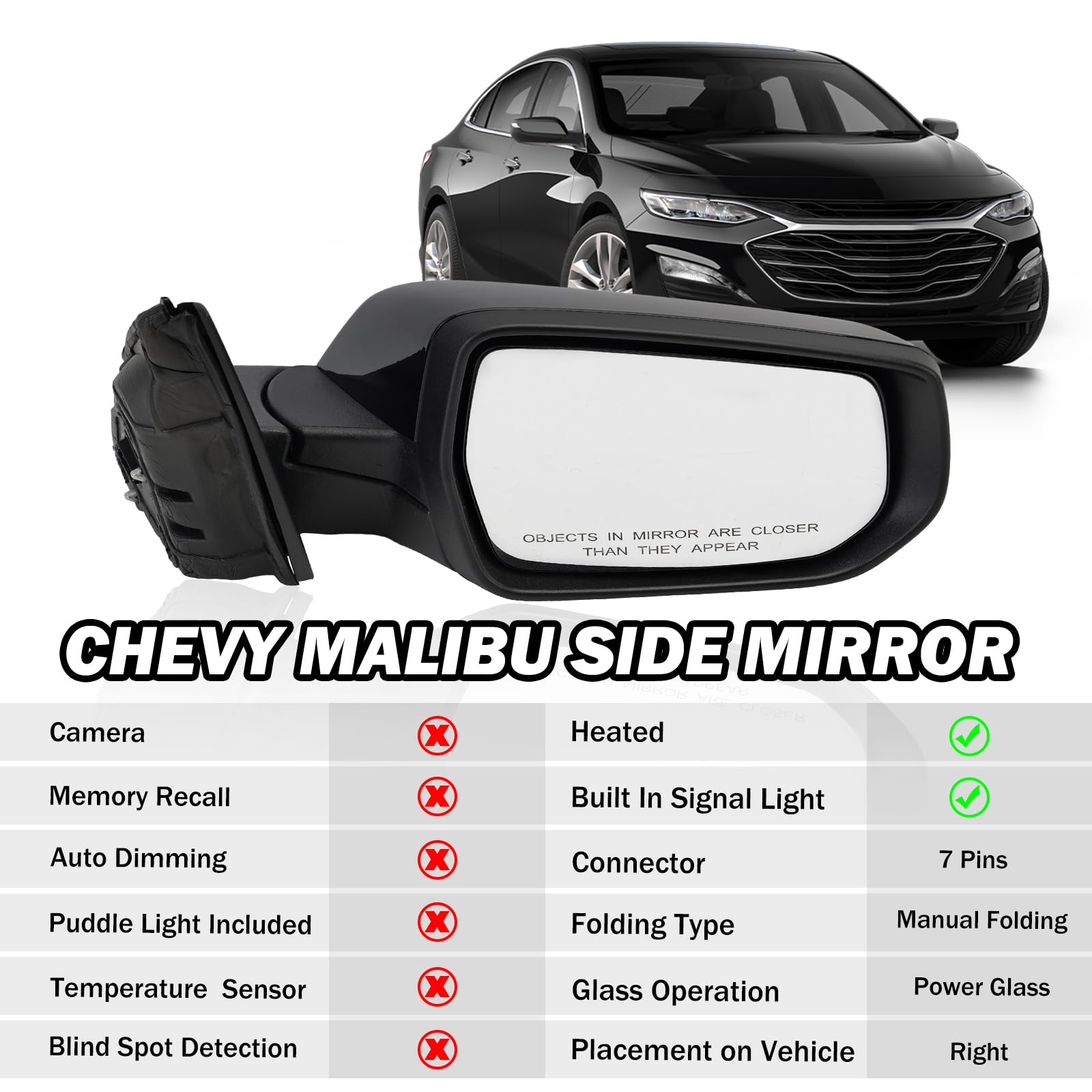 Mofoap Passenger Side View Mirror Compatible With 2016 2017 2018 2019 2020 2021 2022 Malibu Lt Hybrid,Mirrors With Heated Turn S