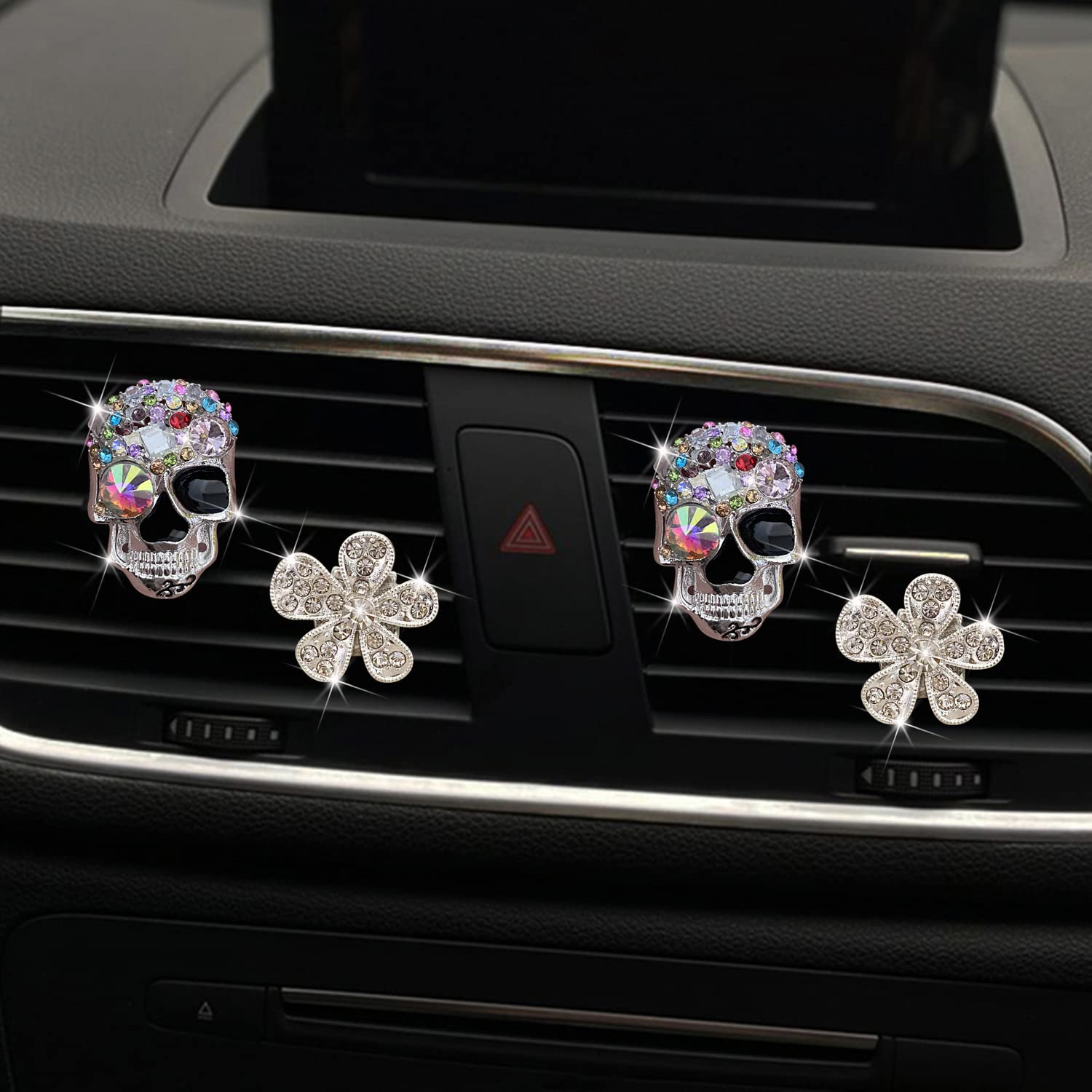 Bling Skull & Daisy Air Vent Clips, 4 Pcs Crystal Skull Car Air Fresheners Vent Clips Car Diffuser Vent Clip Rhinestone Diamond