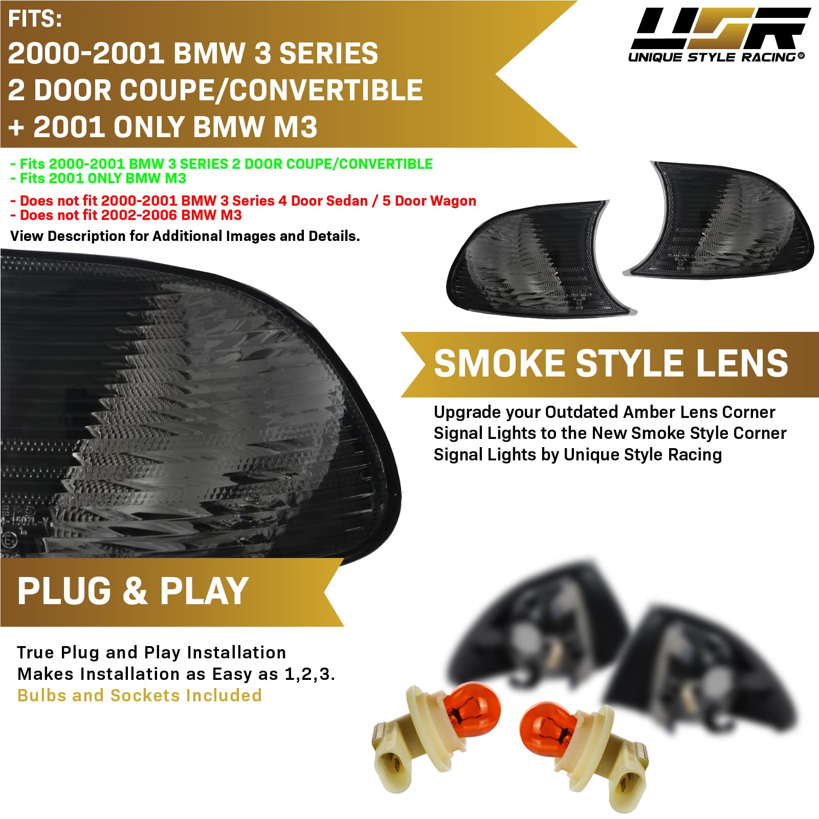 Depo 00-01 E46 2D Cornering Lights - Oe Euro Smoke Clip-On Corner Turn Signal Lamps (Left + Right) Compatible With 2000-2001 Bmw