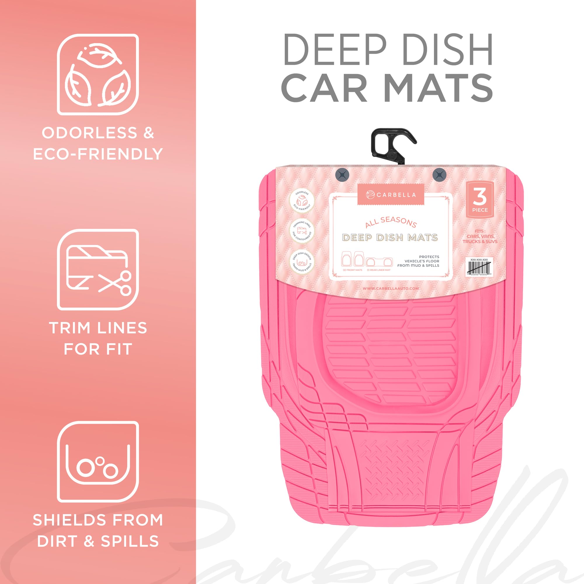 Carbella Pink Rubber 4-Piece Car Floor Mats - Universal Fit All Weather Accessories for Women - Model CBMT-923