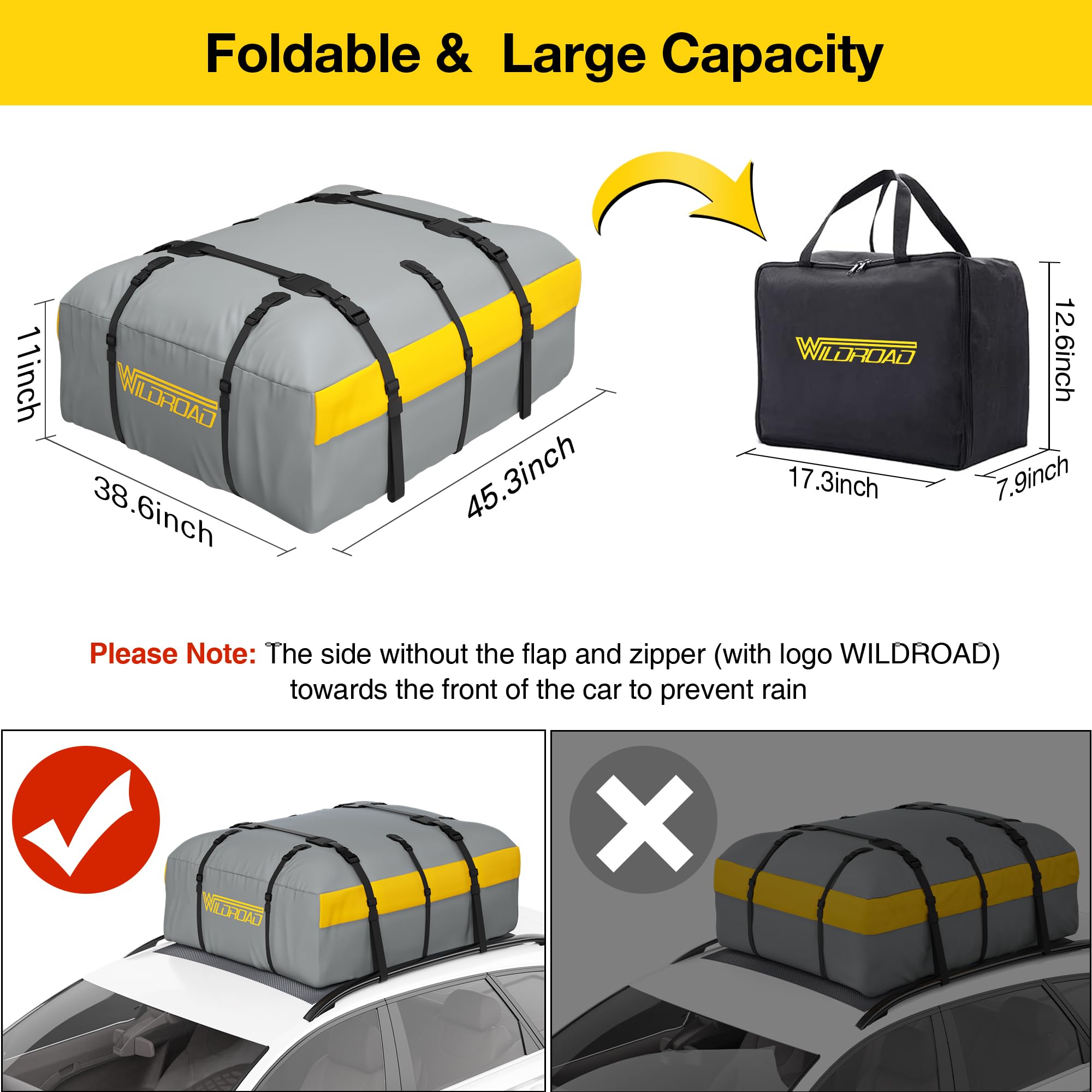 Wildroad Car Roof Bag - 21 Cu Ft Waterproof Cargo Carrier, PVC Material, Anti-Slip Mat for SUVs & Cars with/without Rack