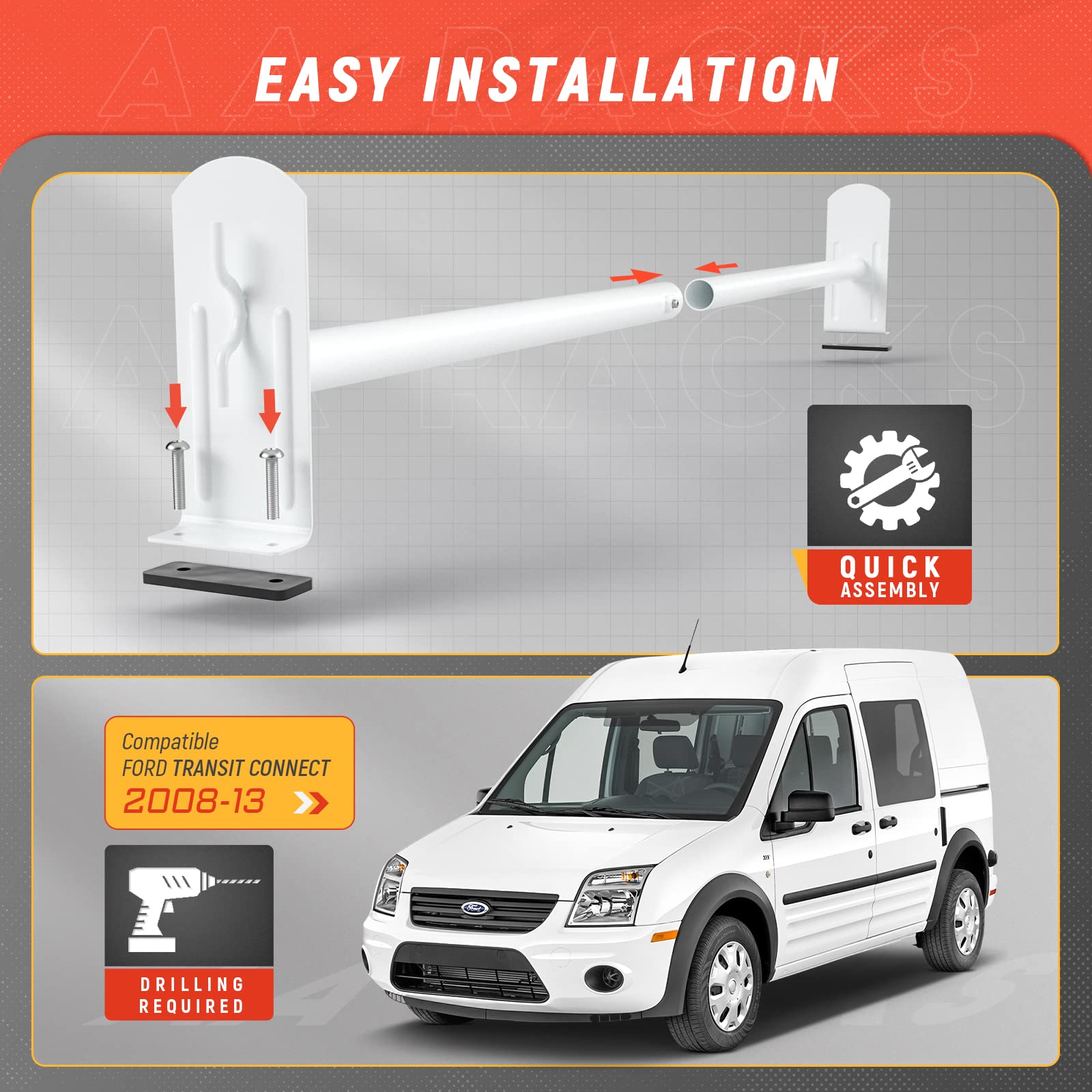 Aa-Racks Model Dx36 Compatible Transit Connect 2008-13 Steel 3 Bar Utility Drilling Van Roof Ladder Rack System - Matte White