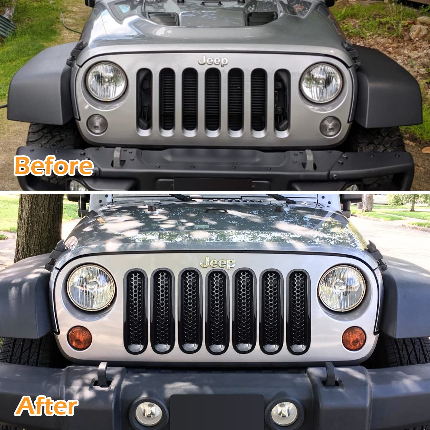 7Pcs Front Grill Mesh Inserts For Jeep Wrangler Jk Jku Sport Freedom Rubicon Sahara Unlimited 2007-2018 Exterior Accessories Clip-In Grille Guard Cover Trim (Glossy Black)