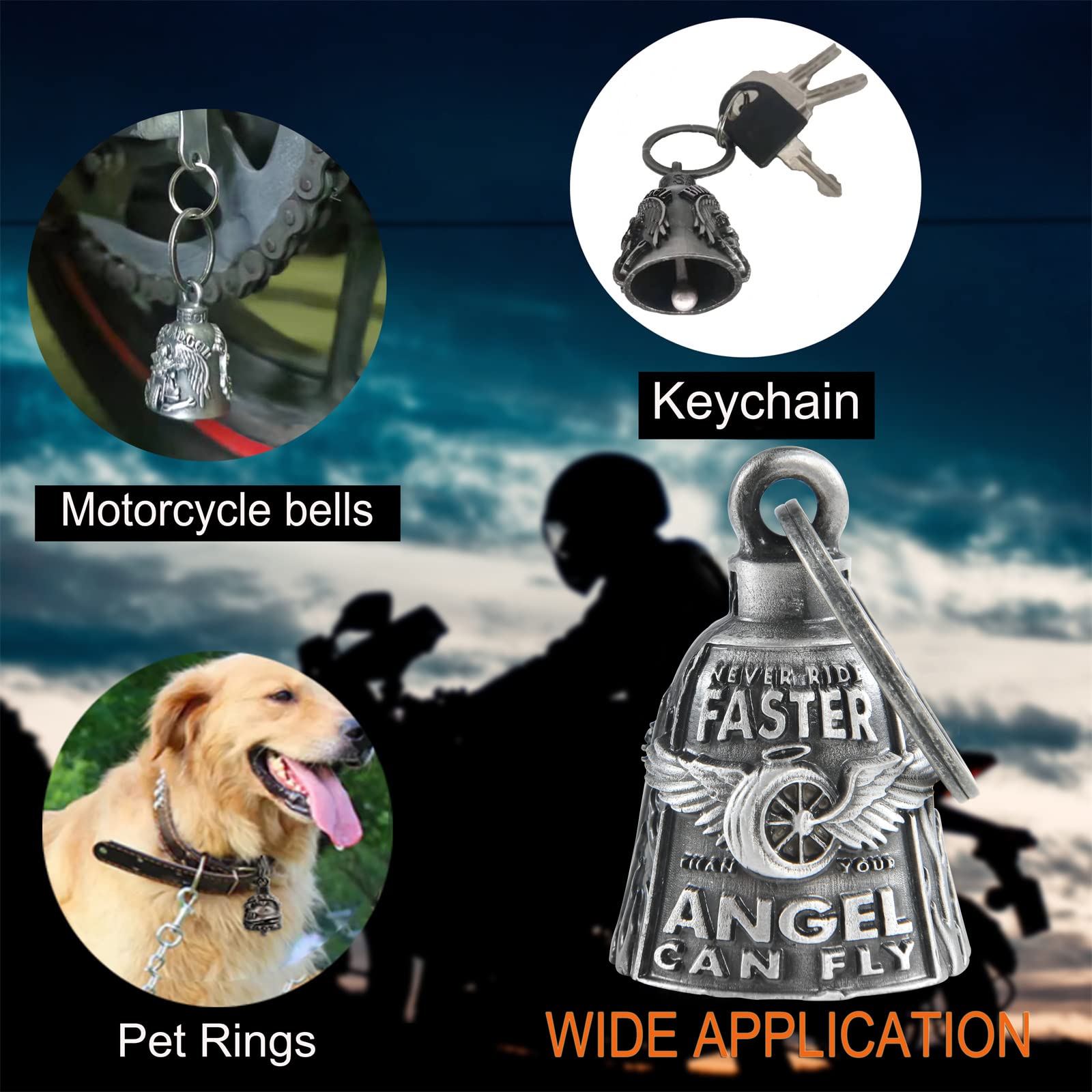 Dream Apparel Motorcycle Bell - Guardian Angel Gremlin Bell - Zinc Alloy - Large - Luck Key Chain - Never Rider Faster Than Your Angel Can