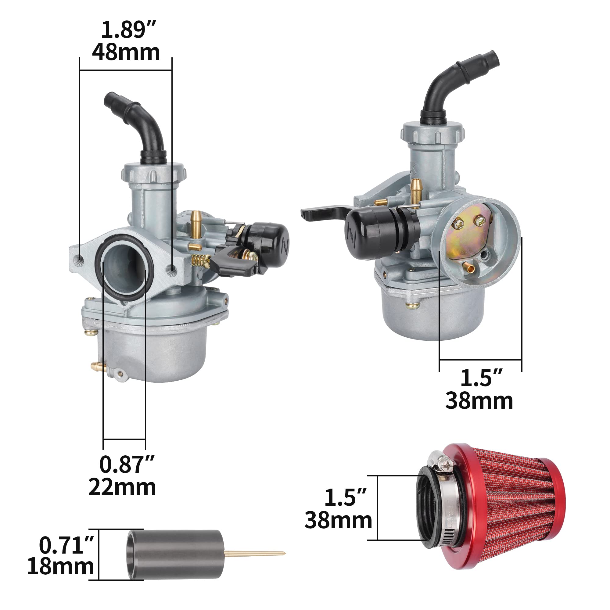 RUTU PZ22 Carburetor 22mm Carb with 38mm Air Filter Cleaner Intake Pipe Kit for SSR 110cc 125cc Sunl Roketa Taotao Monkey Coolst