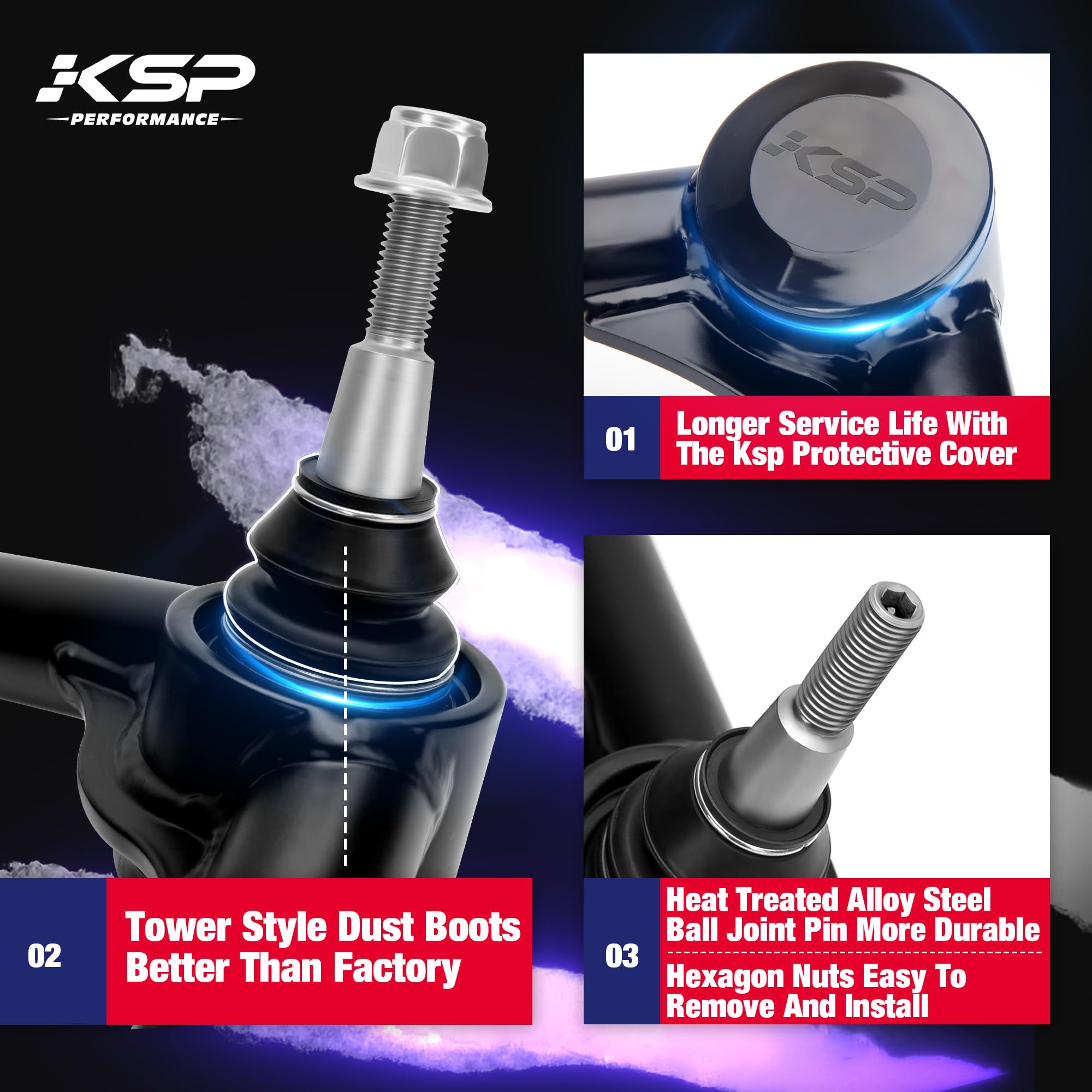KSP PERFORMANCE Upper Control Arms for Ram 1500, 2-4" Lift, Metal Ball Joint, Black, 2006-2022, Package of 2