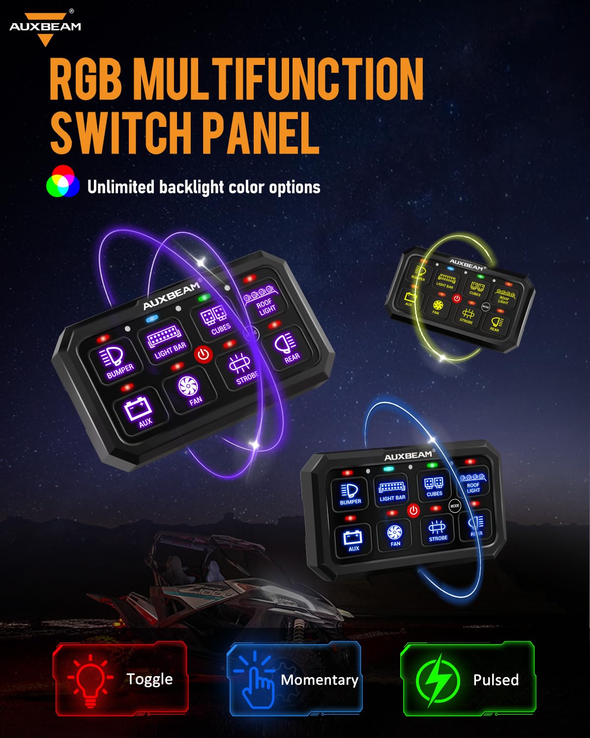 Auxbeam RGB 8 Gang Switch Panel, 5.3 Inch RB80 XL, Waterproof Metal Relay System for Truck, ATV, Marine - Off Backlight Toggle Switch