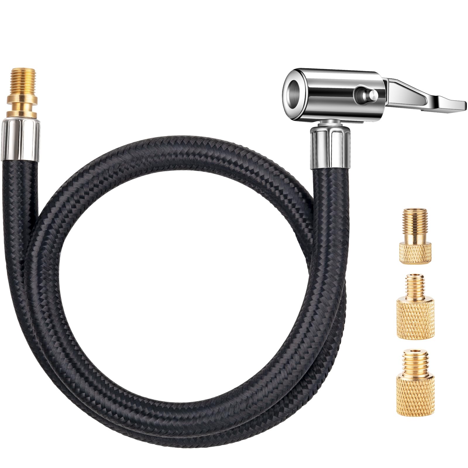 LUMITECO 20'' Tire Inflator Hose Adapter, Lock On Air Chuck w/Converting Nuts & Presta Valve Adaptor for Air Compressor, Schrade