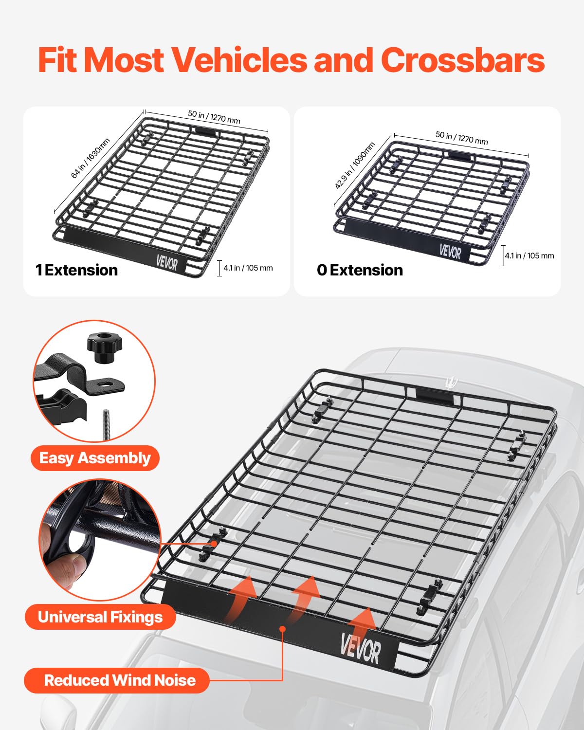 VEVOR Roof Rack Basket, Universal Cargo Carrier 64"x50", 150 lbs Capacity, Anti-Rust Alloy Steel, Includes Cargo Net, Model 1209-4