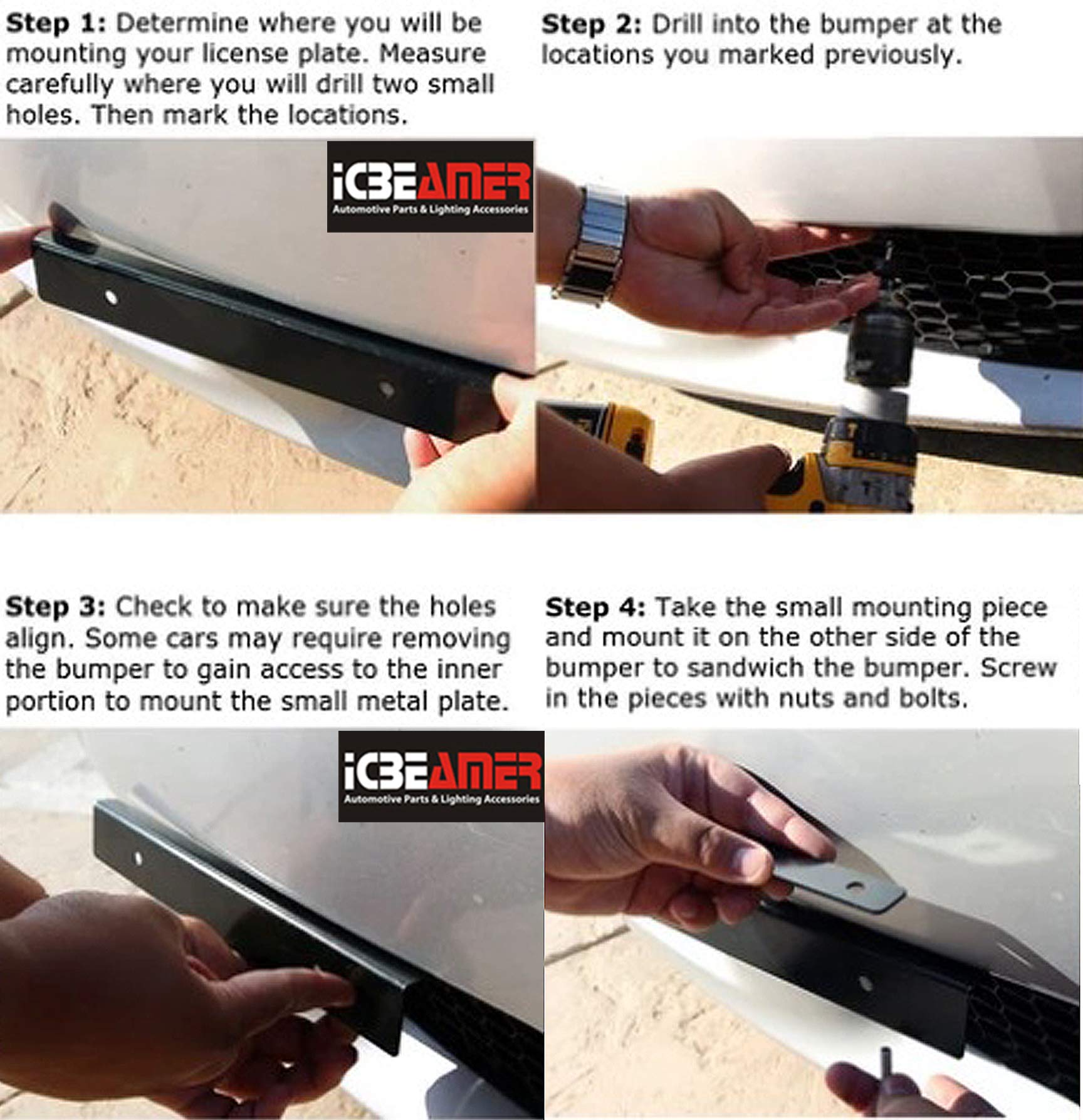 Icbeamer Silver Universal Front Aluminum Bumper License Plate Mount Relocator Frame Bracket Holder Bar -Drilling Require