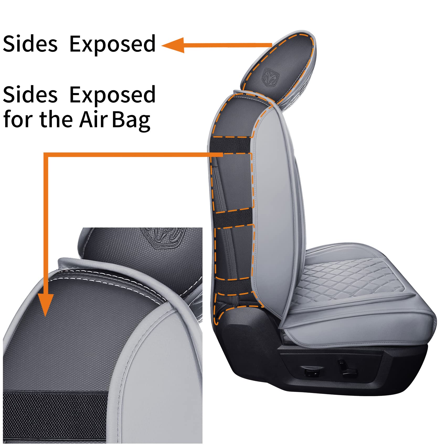 Aierxuan Dodge Ram Car Seat Covers Front Pair Waterproof Leather Custom Fit 2009-2023 1500/2500/3500 Crew Quad Regular Cab Truck Pickup Compatible With Airbag(2 Pcs Front/Grey)