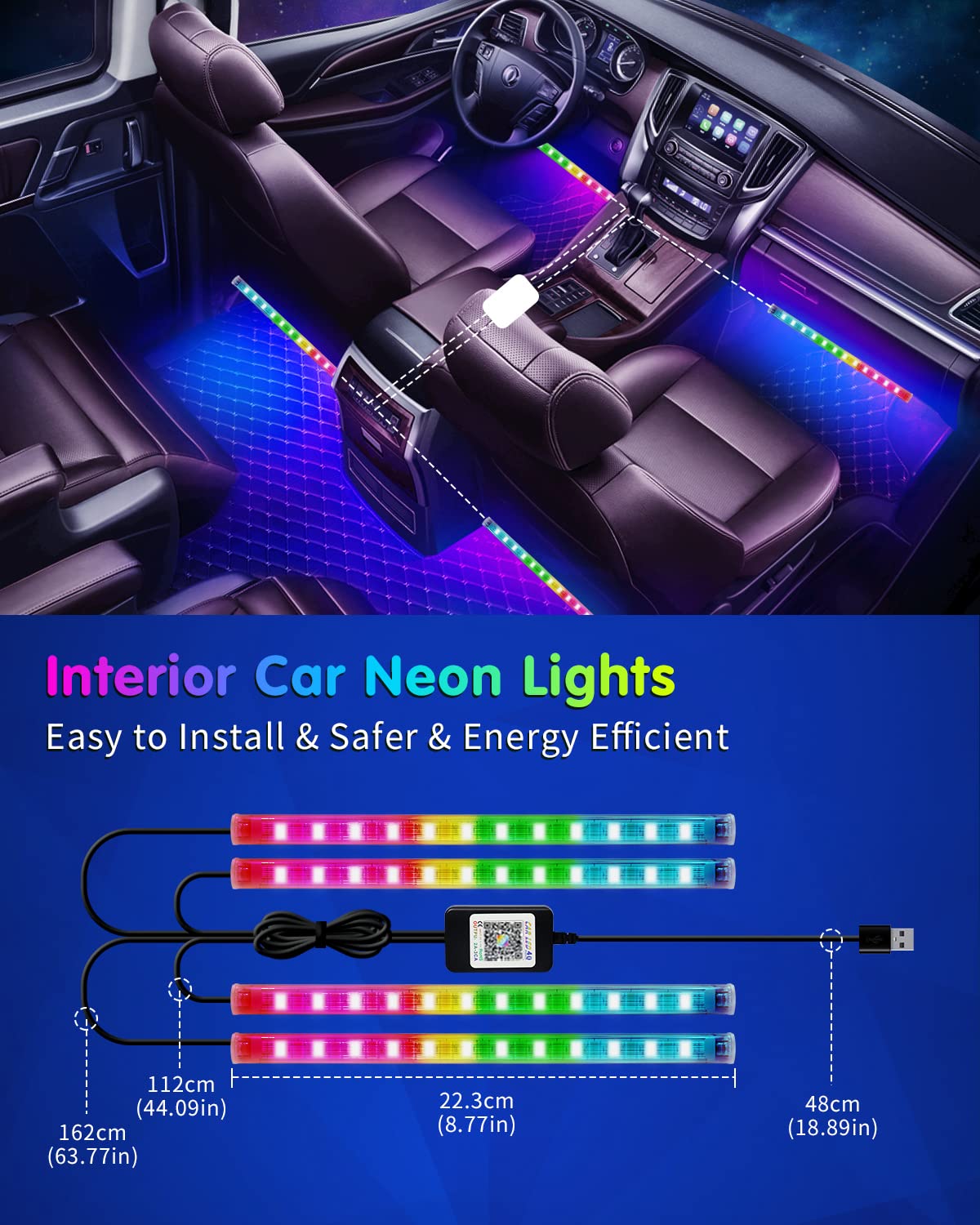 Rgb Interior Car Strip Lights With Smart App Control, Music Sync Under Dash Footwell Neon Internal Lighting Kit Multicolor,12V L