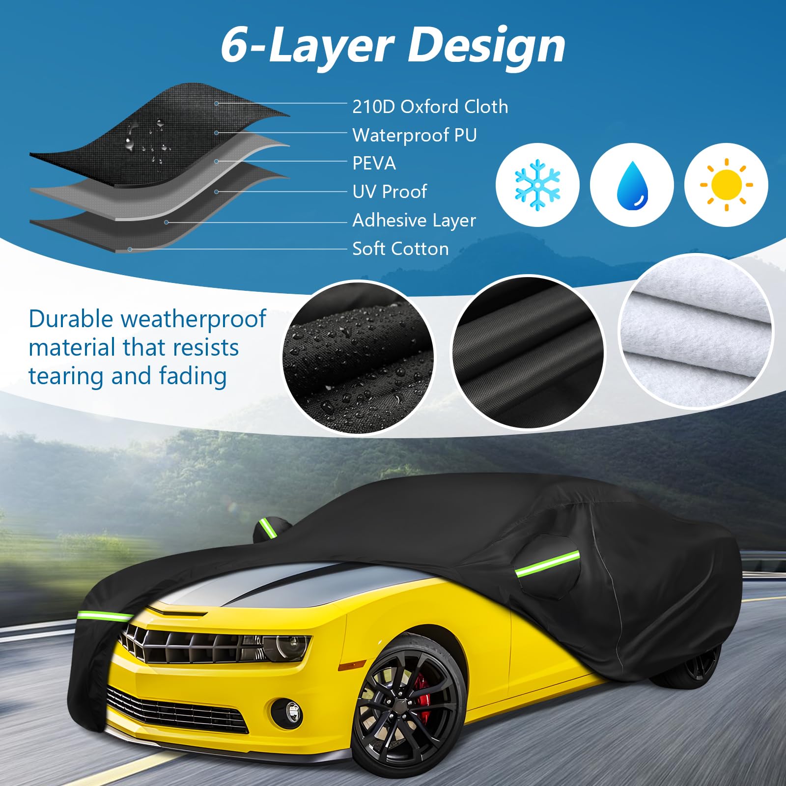 BIGACOVER Camaro Full Car Cover 2010-2025, Heavy Duty Waterproof, Black, Zipper & Soft Lining, Windproof, Fits Up to 190''L