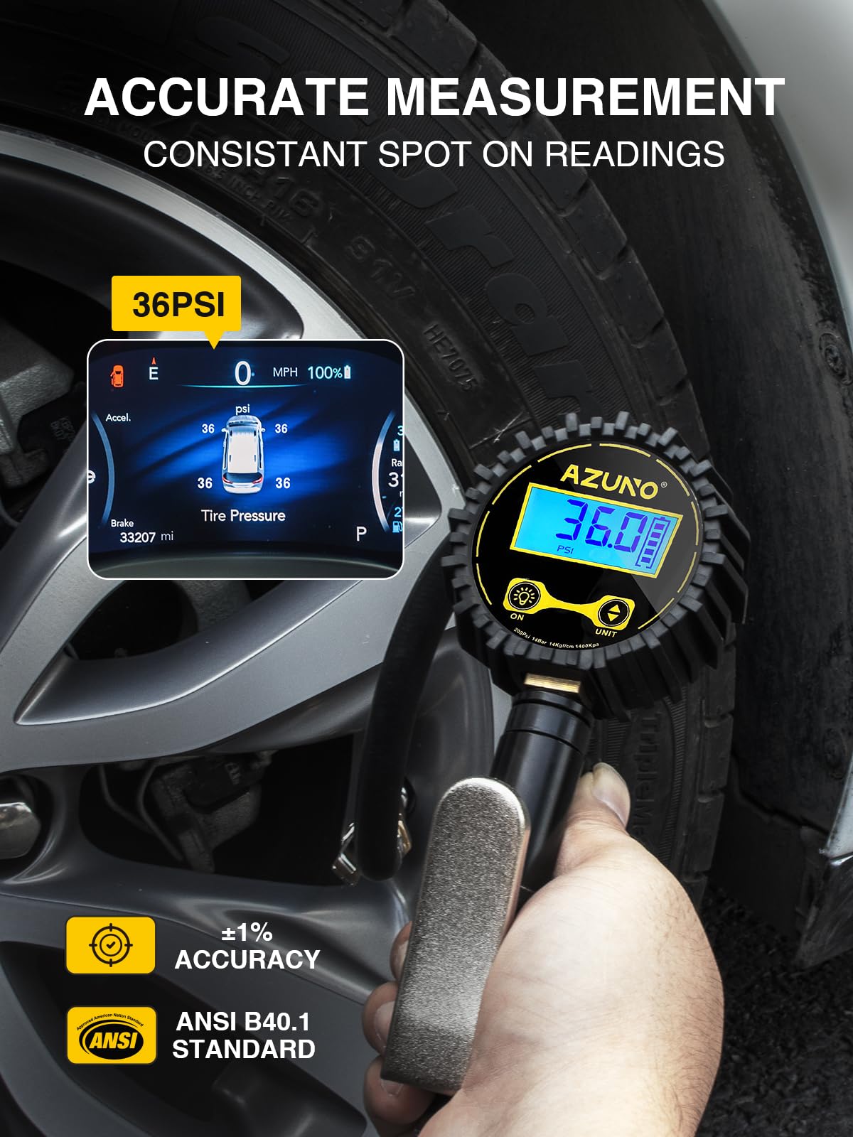 Azuno Digital Tire Inflator With Pressure Gauge, 200 Psi, Heavy Duty Air Compressor Accessories, W/Rubber Hose Lock On Air Chuck