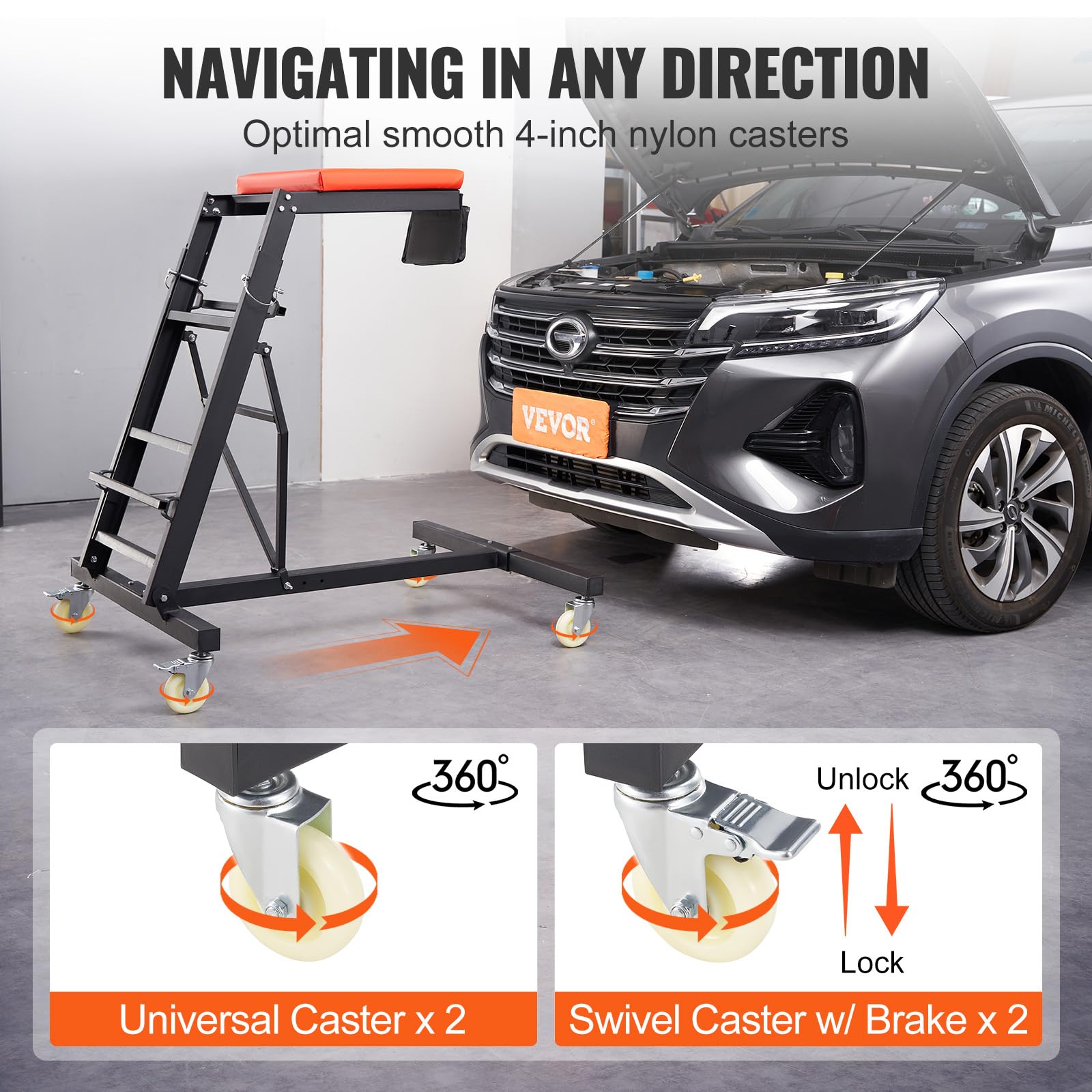 VEVOR Automotive Creeper, Adjustable Height 45.7"-66.3", 400 LBS Capacity, Black+Red, Heavy Duty Foldable with 4 Swivel Casters