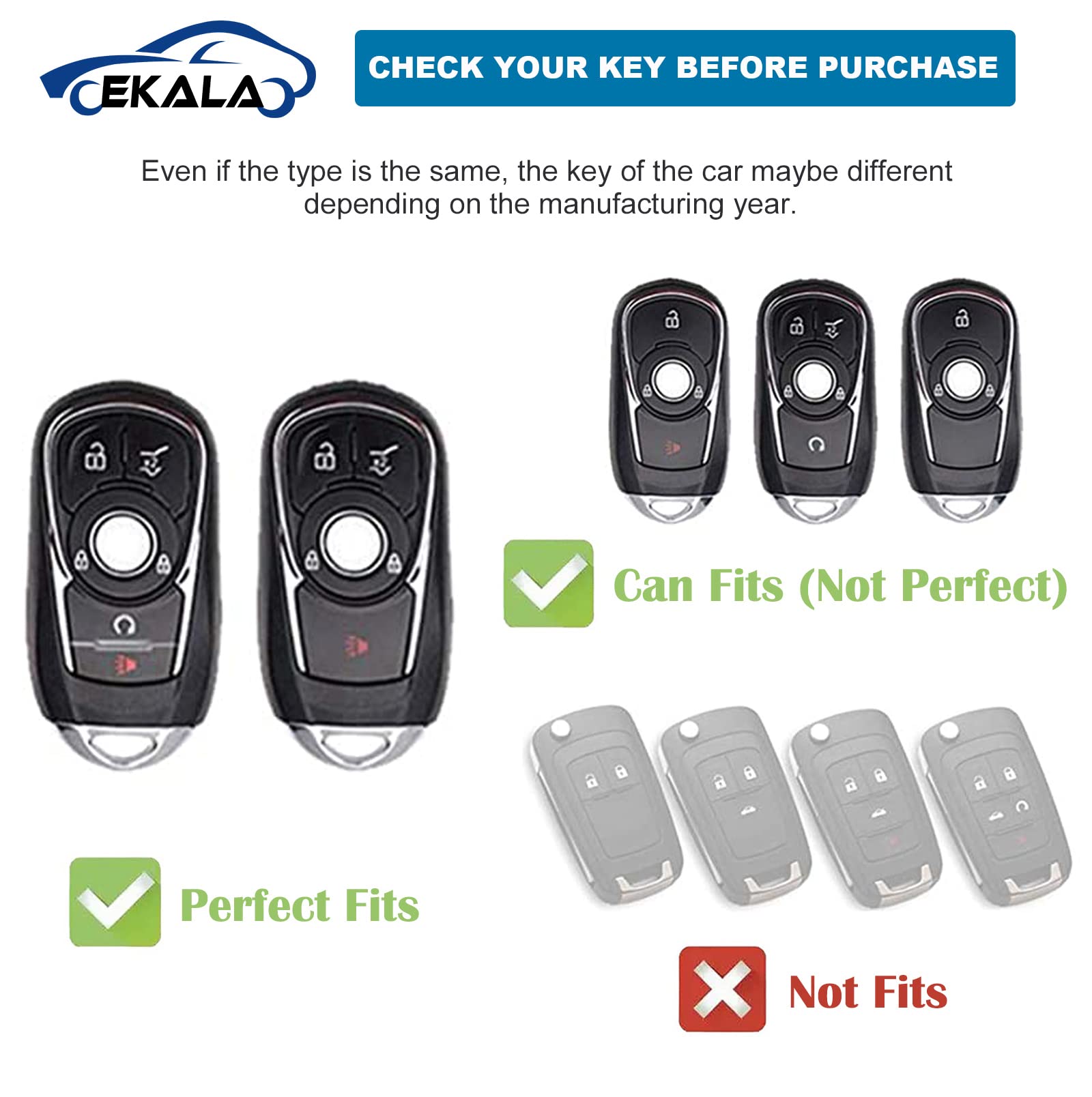 EKALA for Buick Key Fob Cover with Leather Key Fob Keychain, 4 Buttons Soft TPU Keys Case Shell with Gold Keychain Compatible wi