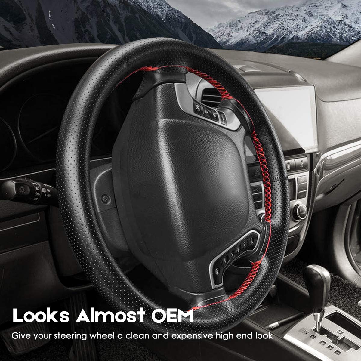 Belinous Universal Leather Car Steering Wheel Cover, Stitch On Wrap (Size S5, Black)