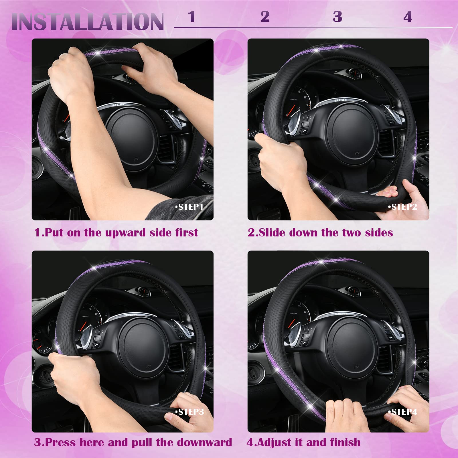 CAR PASS Bling Diamond Leather Steering Wheel Cover, Crystal Rhinestones, Universal Fit 14.5"-15", Purple Diamond
