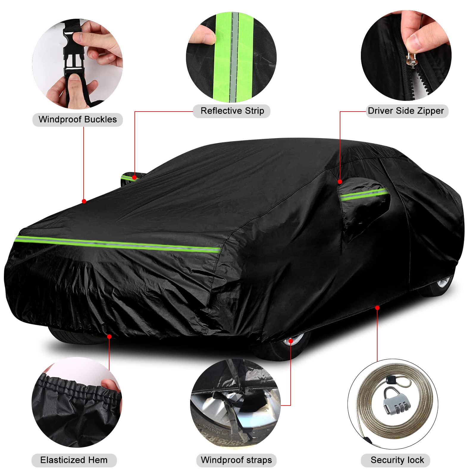 Waterproof Car Cover Replace For 2004-2025 Toyota Prius, 6 Layers All Weather Car Covers With Zipper Door & Windproof Bands For