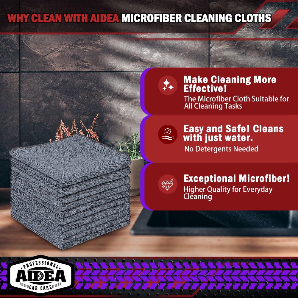 Aidea Microfiber Cleaning Cloth Grey 20Pk, Micro Fiber Cloth For Cleaning Cars, Premium All Purpose Car Towels, Dusting Cloth Cl