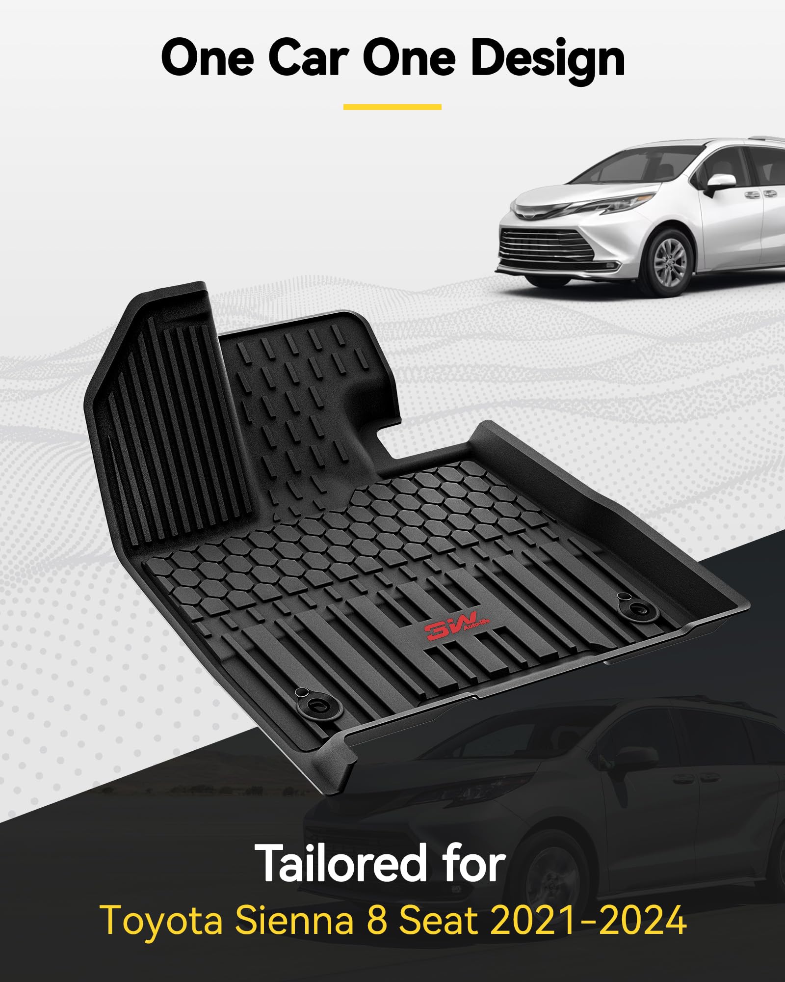 3W Floor Mats For Toyota Sienna 2021-2024 2025(Only For 8 Seat), Tpe All Weather Custom Fit Floor Liner For Sienna 1St, 2Nd And