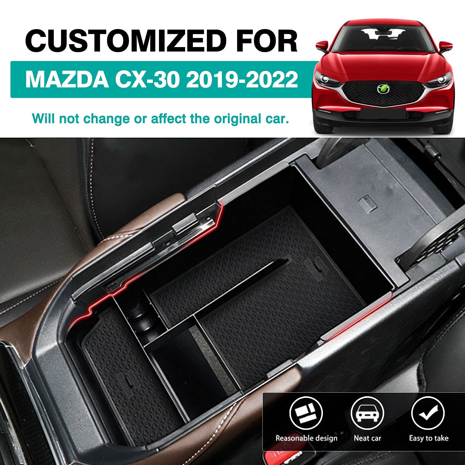 Autorder Center Console Organizer for Mazda CX-30 2020-2025 - Black Armrest Storage Box with Anti-Slip Mat