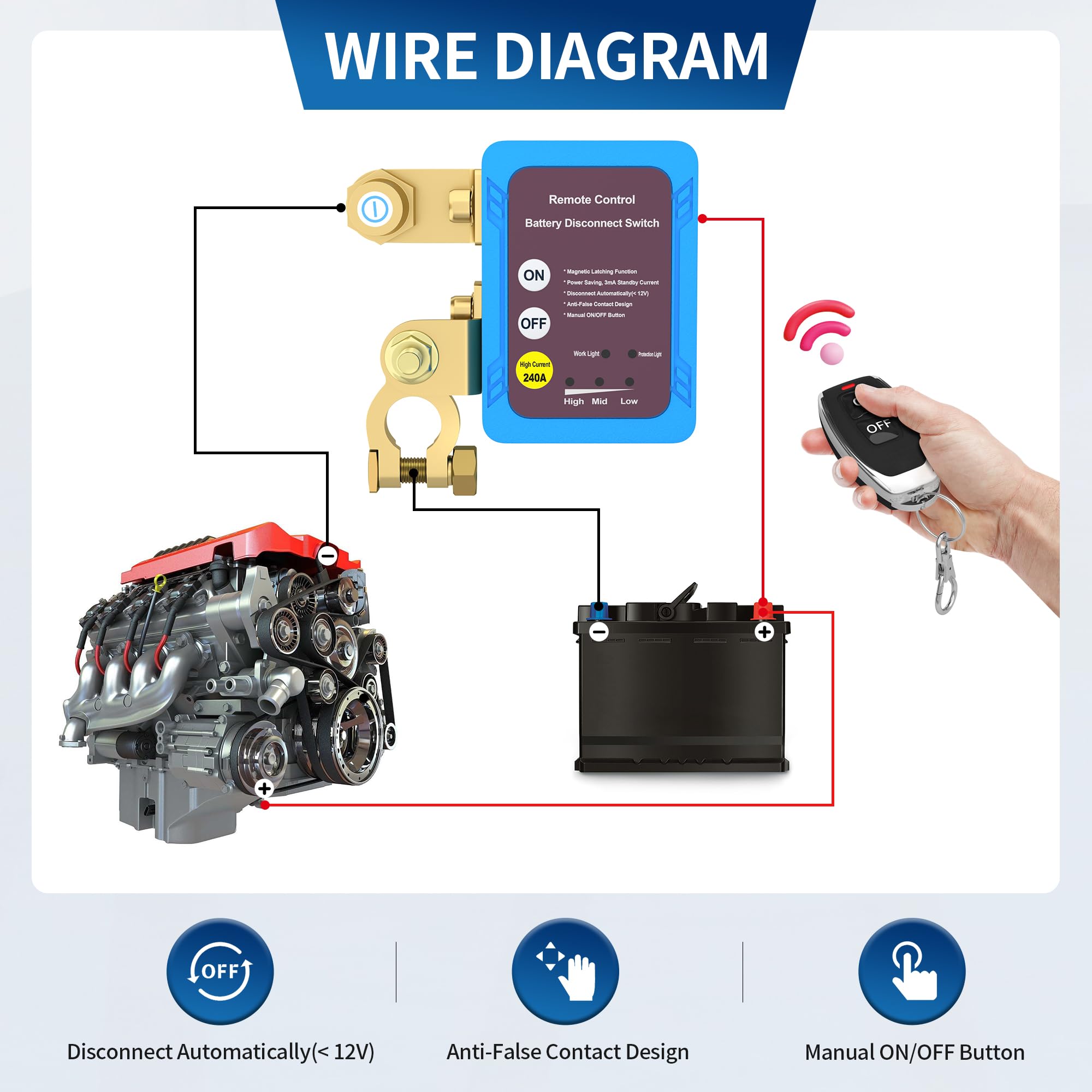 Rvboatpat Kill Switch 12V/24V 240A Remote Battery Disconnect Switch Automatic Power Shut Off Switch Remote Control Switch For Au