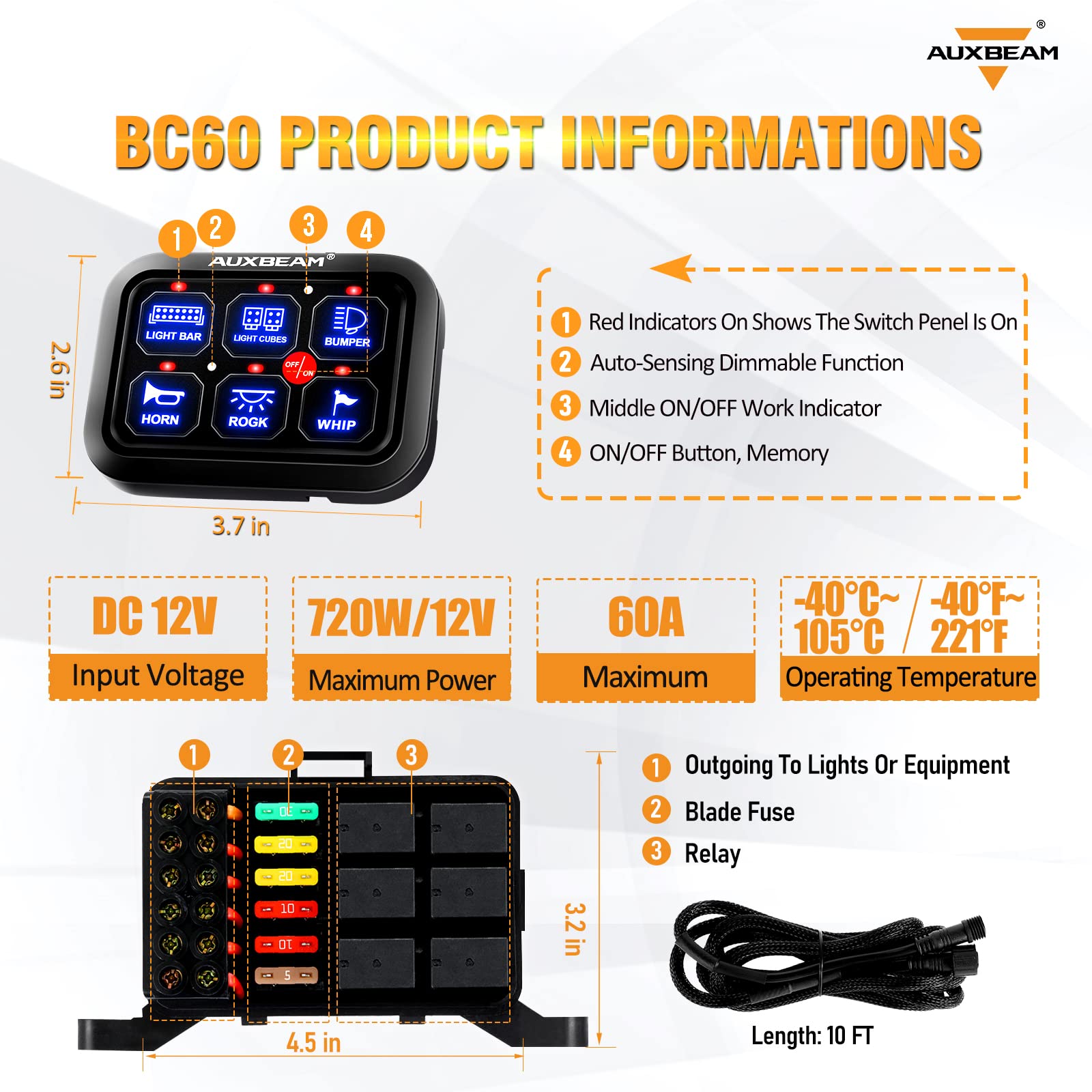 Auxbeam 6 Gang Switch Panel BC60, Universal Circuit Control Relay System Box with Automatic Dimmable On-Off LED Switch Pod Touch
