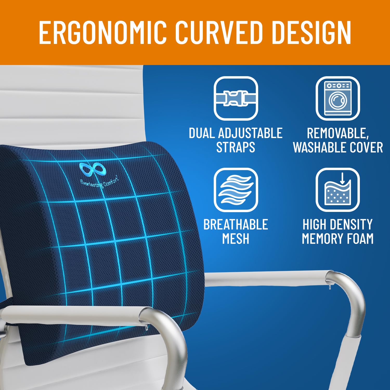 Everlasting Comfort Lumbar Support Pillow - Memory Foam, Navy Blue, 1 Count - Improve Posture for Office Chair, Gaming, Car & Couch
