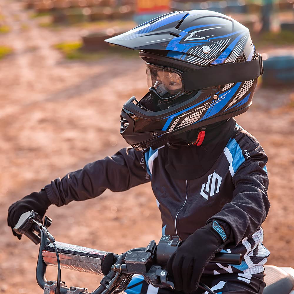 ILM Youth ATV Motocross Helmet with Goggles & Gloves, DOT Approved, Blue/Silver, Model ILM-B07, Youth-S, Durable ABS Material