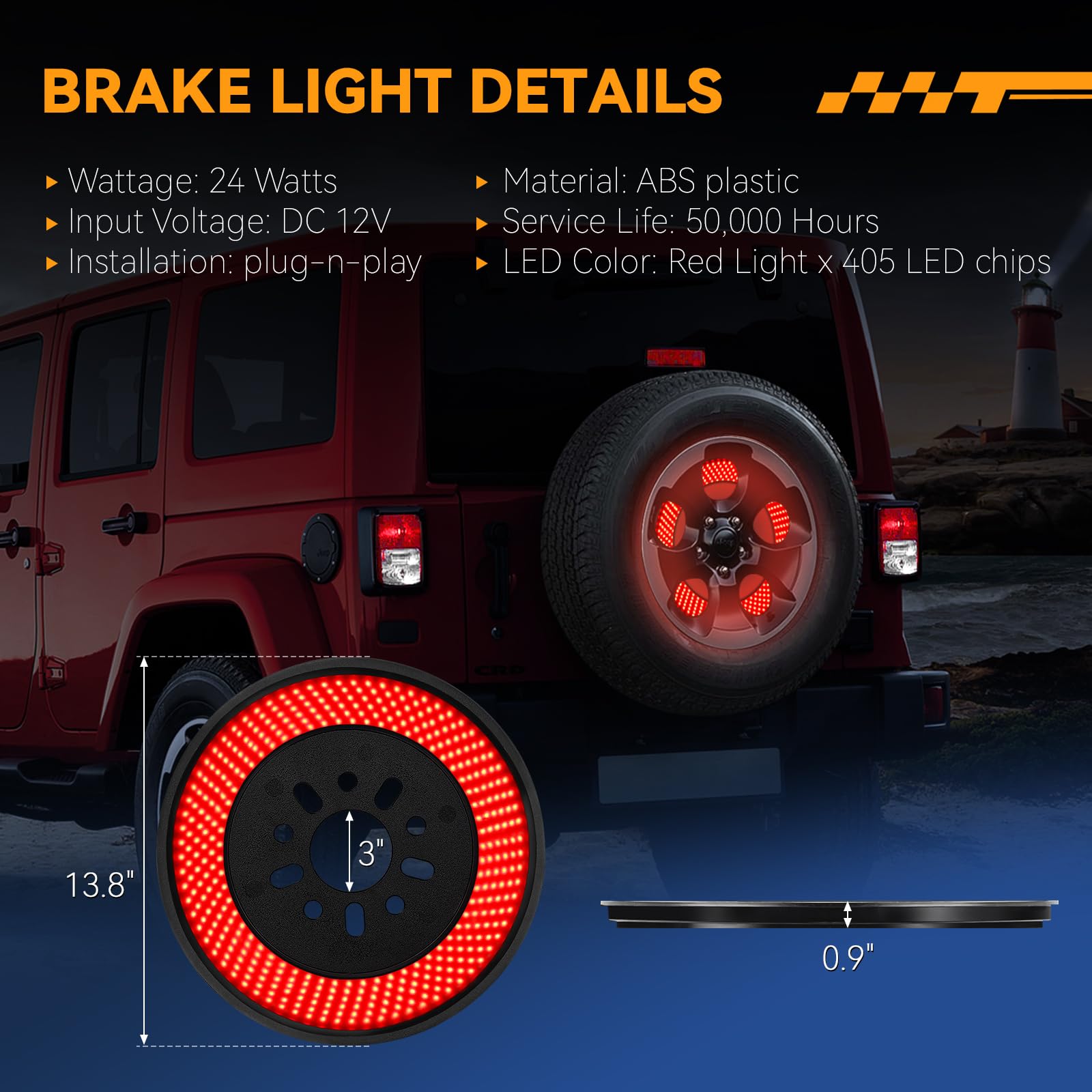 Karsam Spare Tire Brake Light For 2007-2018 Jeep Wrangler Jk Jku Yj Tj, 6 Ring 405Pcs Led Wheel Lights, Plug-N-Play 3Rd Third Br