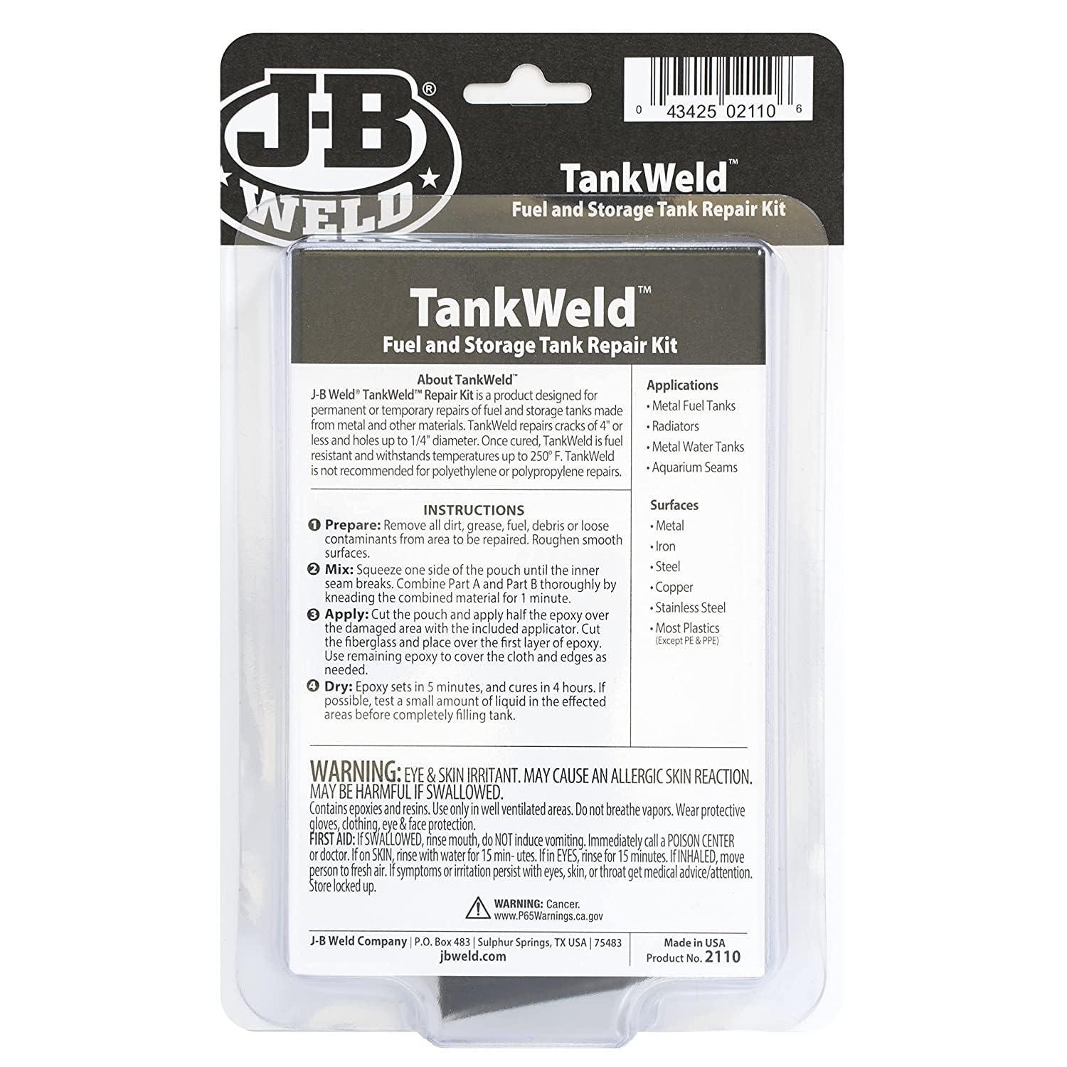 J-B Weld 2110 Metal Fuel Tank Repair Kit - Gray, Durable, Easy to Use