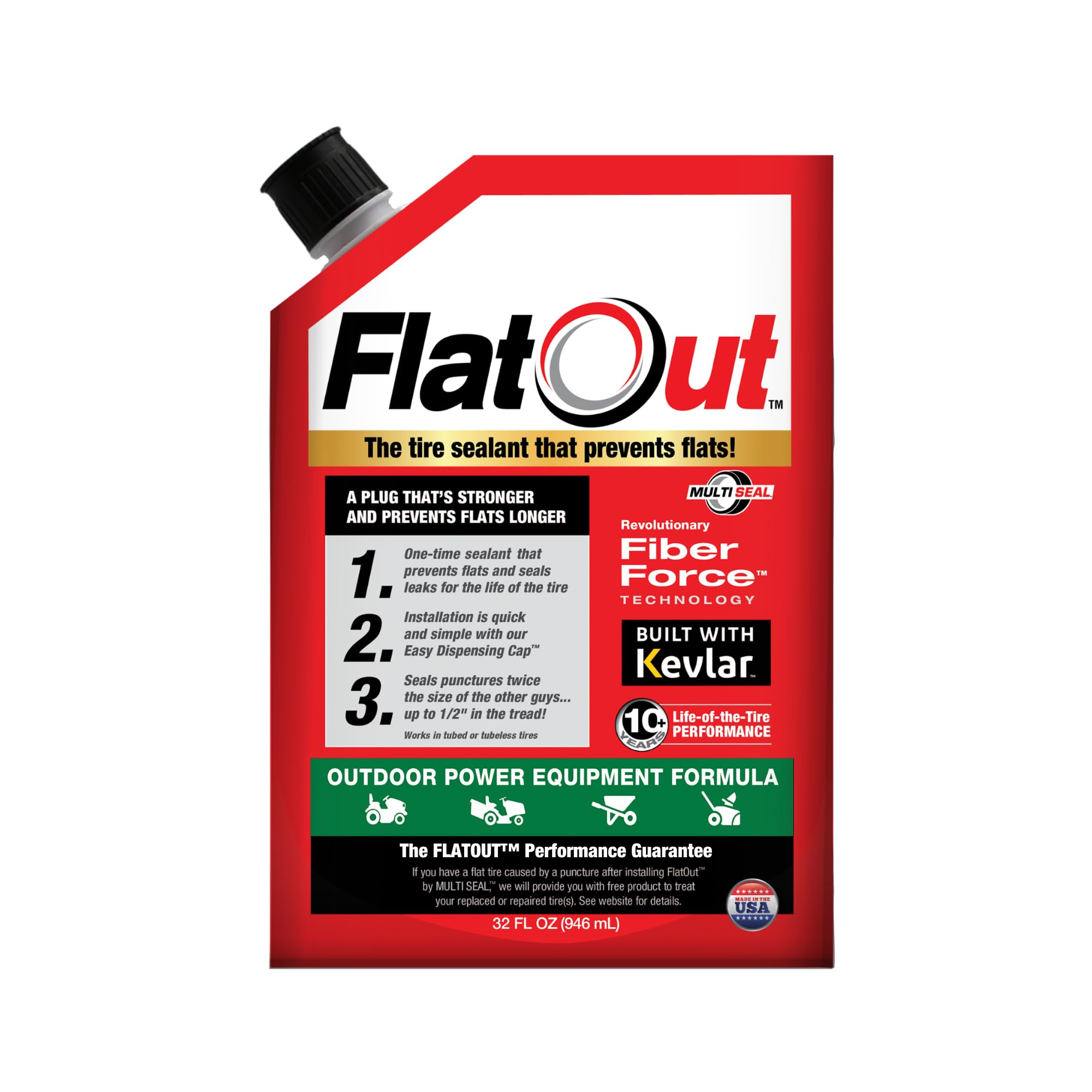 Flat Out Off Road Tire Sealant, Outdoor Power Equipment Formula, Prevents Flat Tires, Fix A Flat Tire, Seals Leaks, Contains Kevlar, 32 Ounce Bag, 1-Pack