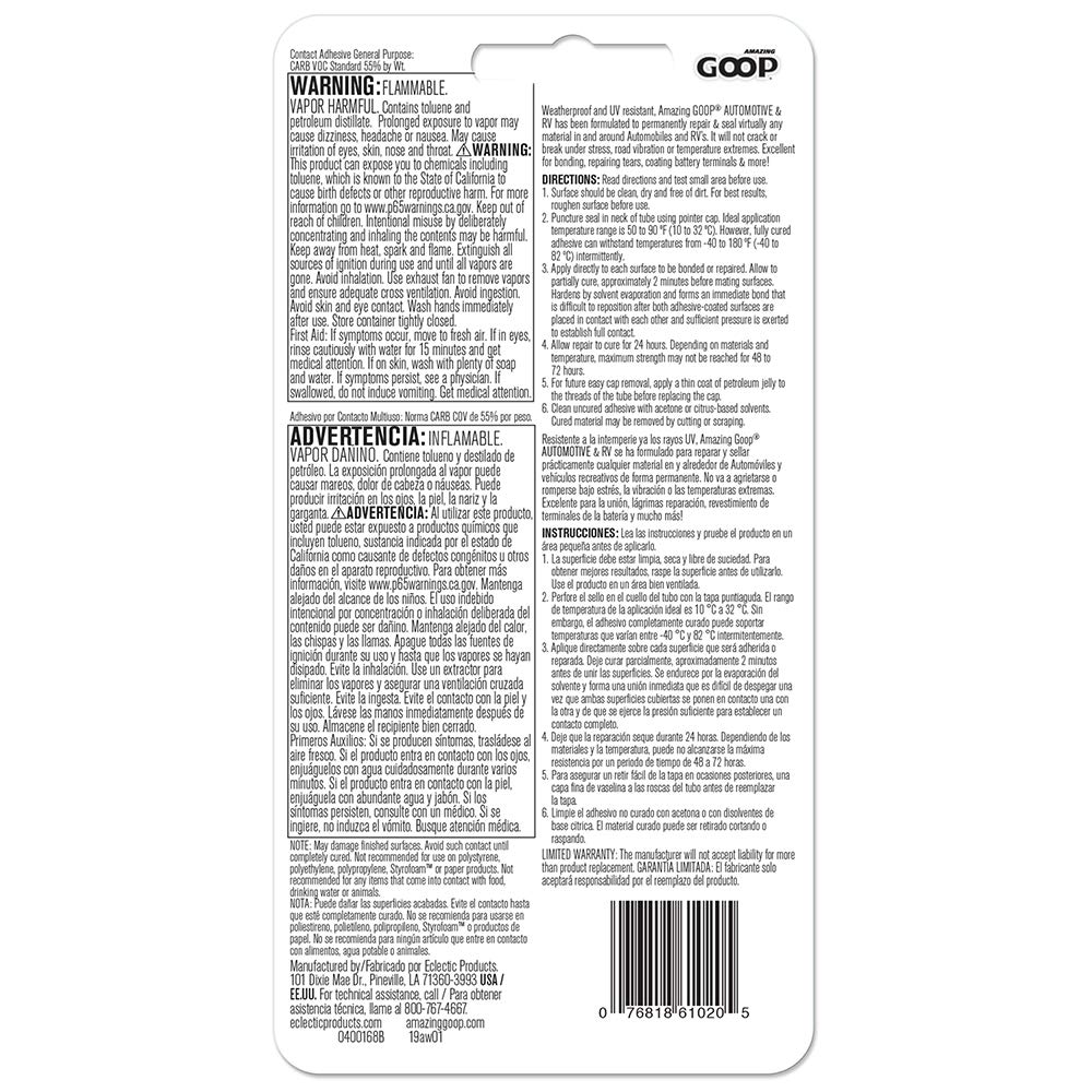 Amazing GOOP Automotive/RV Adhesive, 2 fl. oz, Clear, Model 161021, ABS Material