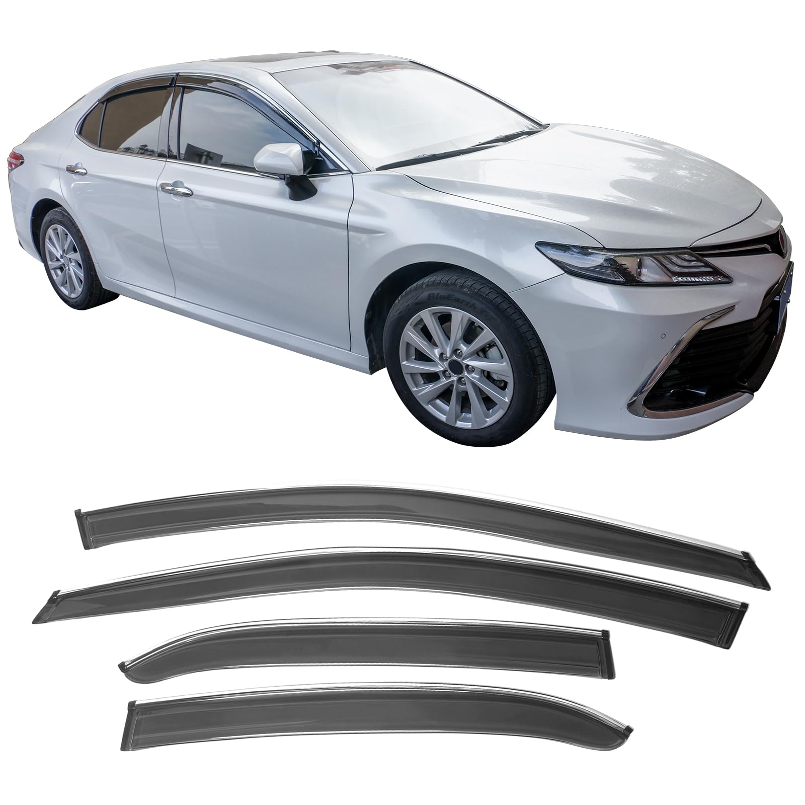 Ikon Motorsports Tape On Window Visors With Chrome Trim, Compatible With 2018-2024 Toyota Camry, Smoke Tinted Acrylic Rain Sun G