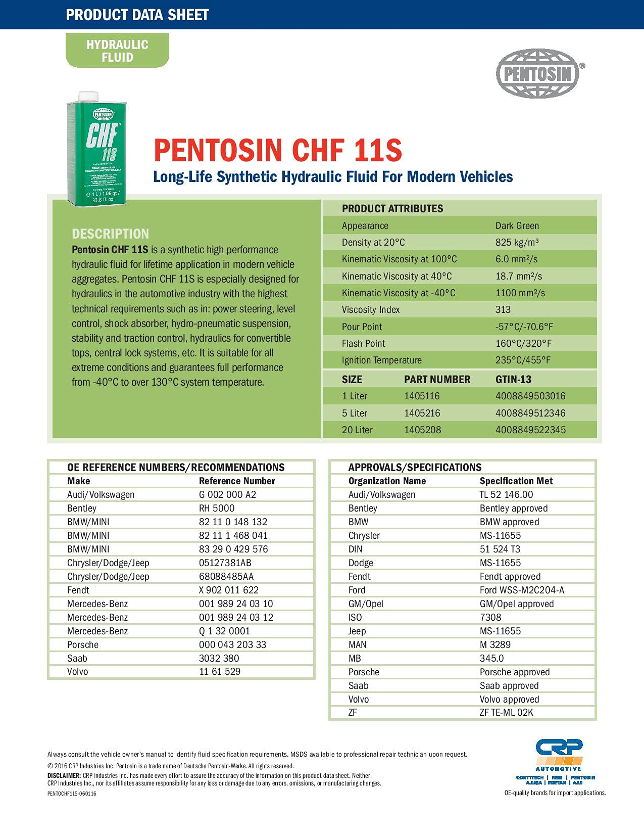 Pentosin CHF 11S Synthetic Hydraulic Fluid, 1 Liter - Multi-Compatible for Audi, BMW, Mercedes, Volkswagen, and More