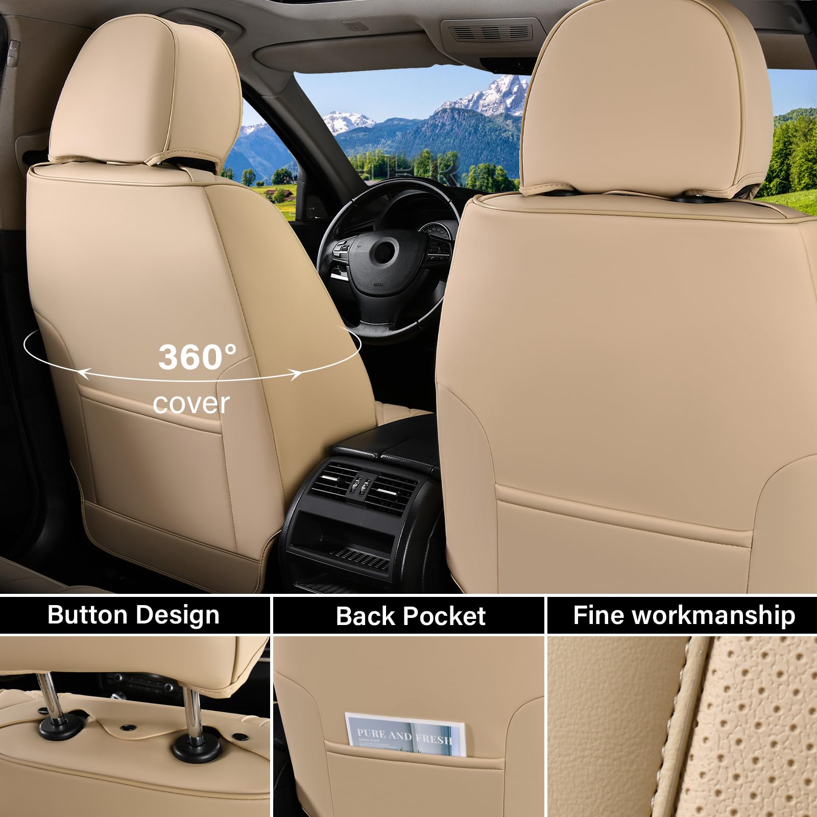 Coverado Car Seat Cover Front Seat, Beige Seat Covers Front Seats, Nappa Leather Waterproof, Car Seat Cushion, Car Seat Protecto
