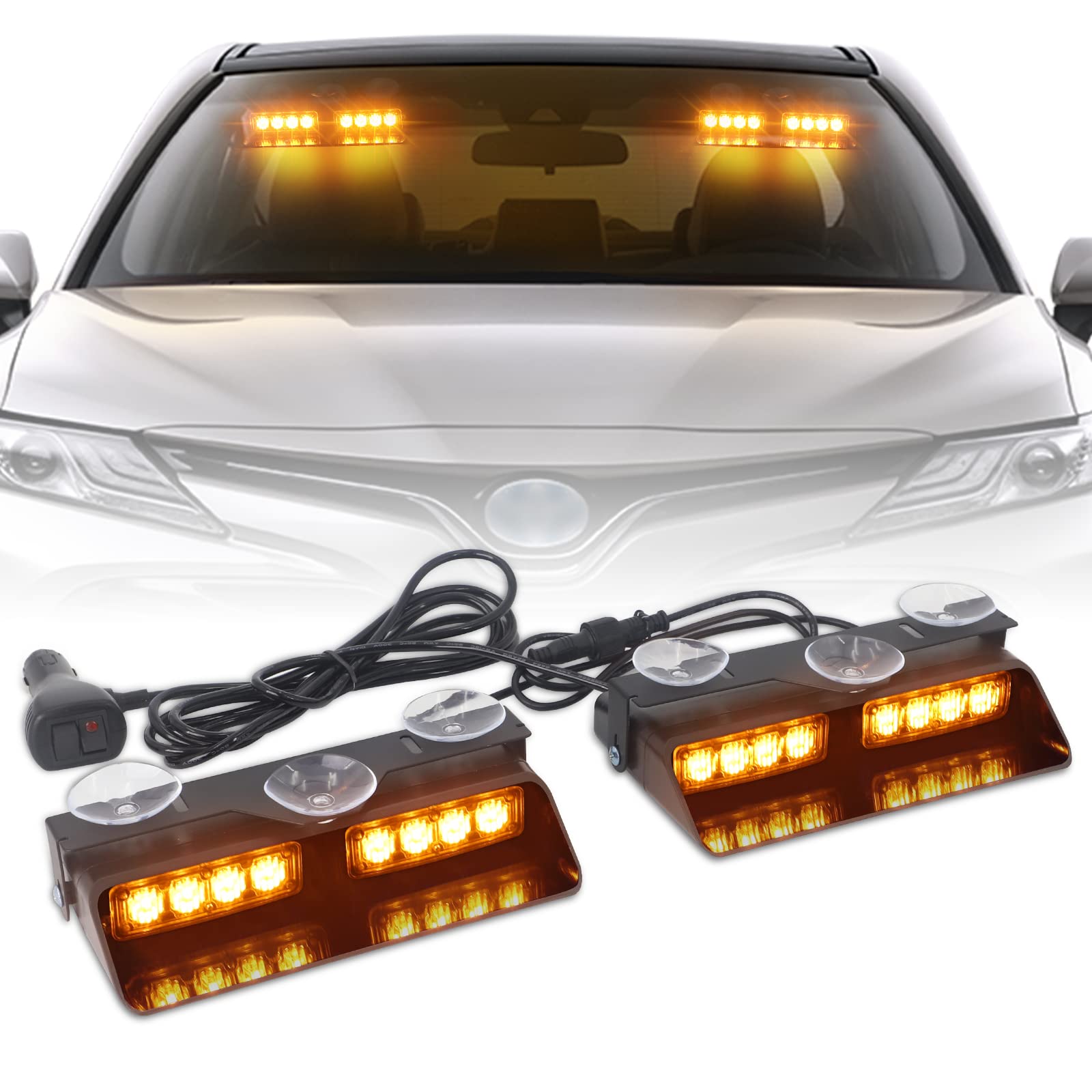Xridonsen Amber 2 In 1 Emergency Dash Strobe Lights Interior Windshield Lights Hazard Warning Safety Flashing W/Suction Cups For