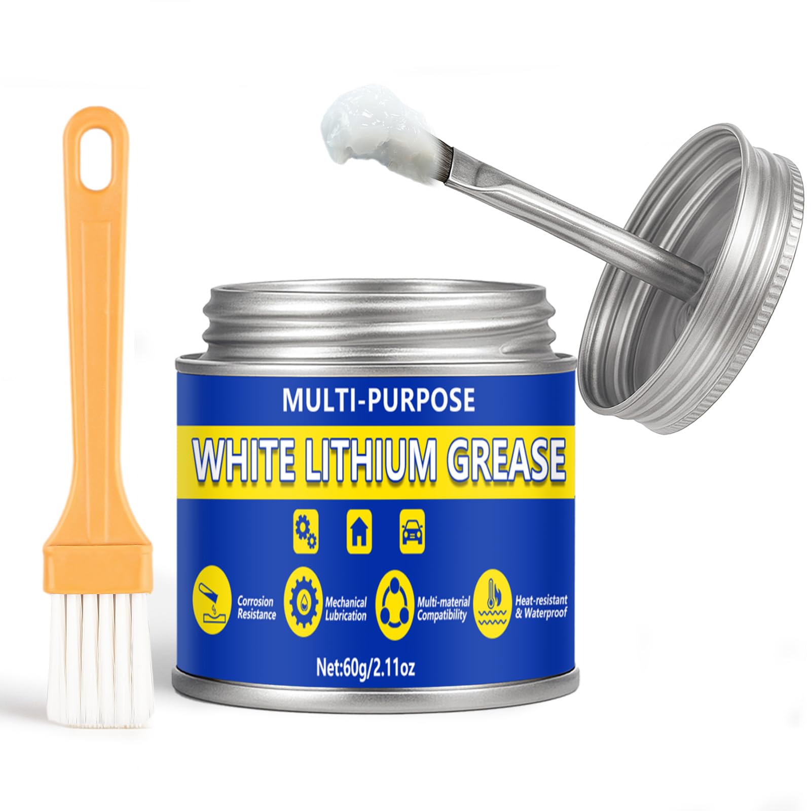 AstraVox Multi-Purpose White Lithium Grease, 60ml Automotive Grease with Brush for Hinges, Wheel Bearings, Gears, and Garage Doo