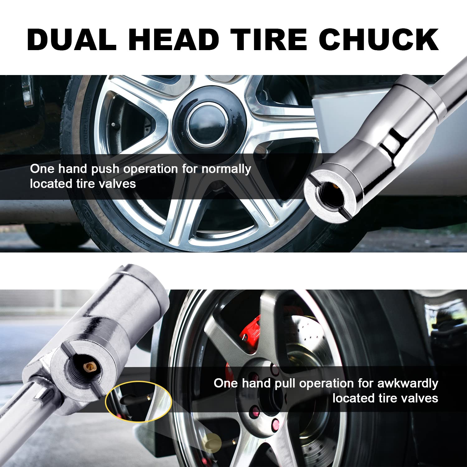 LUMITECO 2-Way Connection 13.8'' Extended Air Chuck Set, 1/4 in FNPT Straight Foot Dual Head Tire Inflate Chuck with Standard Qu