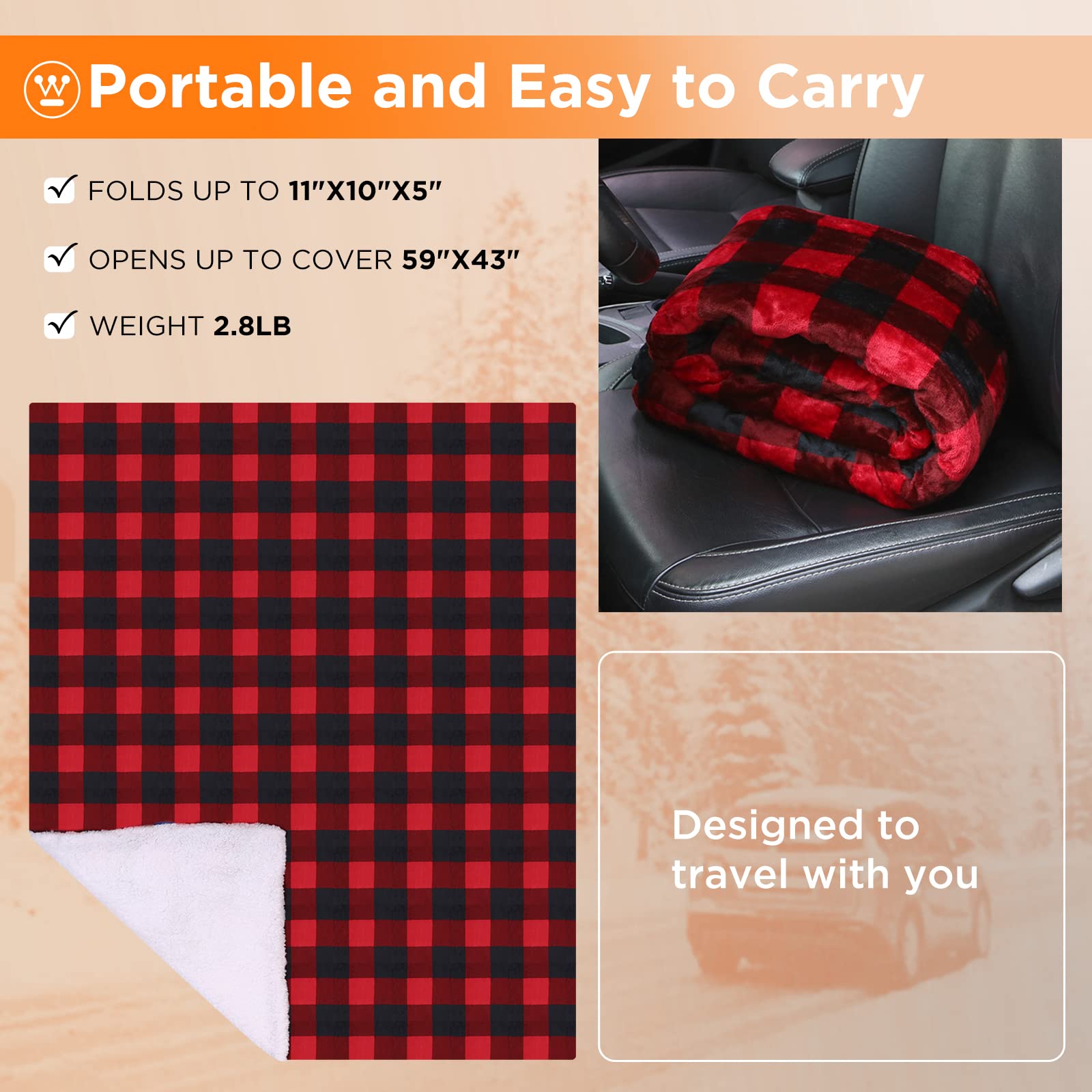 Westinghouse Heated Car Blanket, 12-Volt Electric Blanket For Car, Truck, Suv, Rv, Portable Heated Throw For Camping, Red Buffal