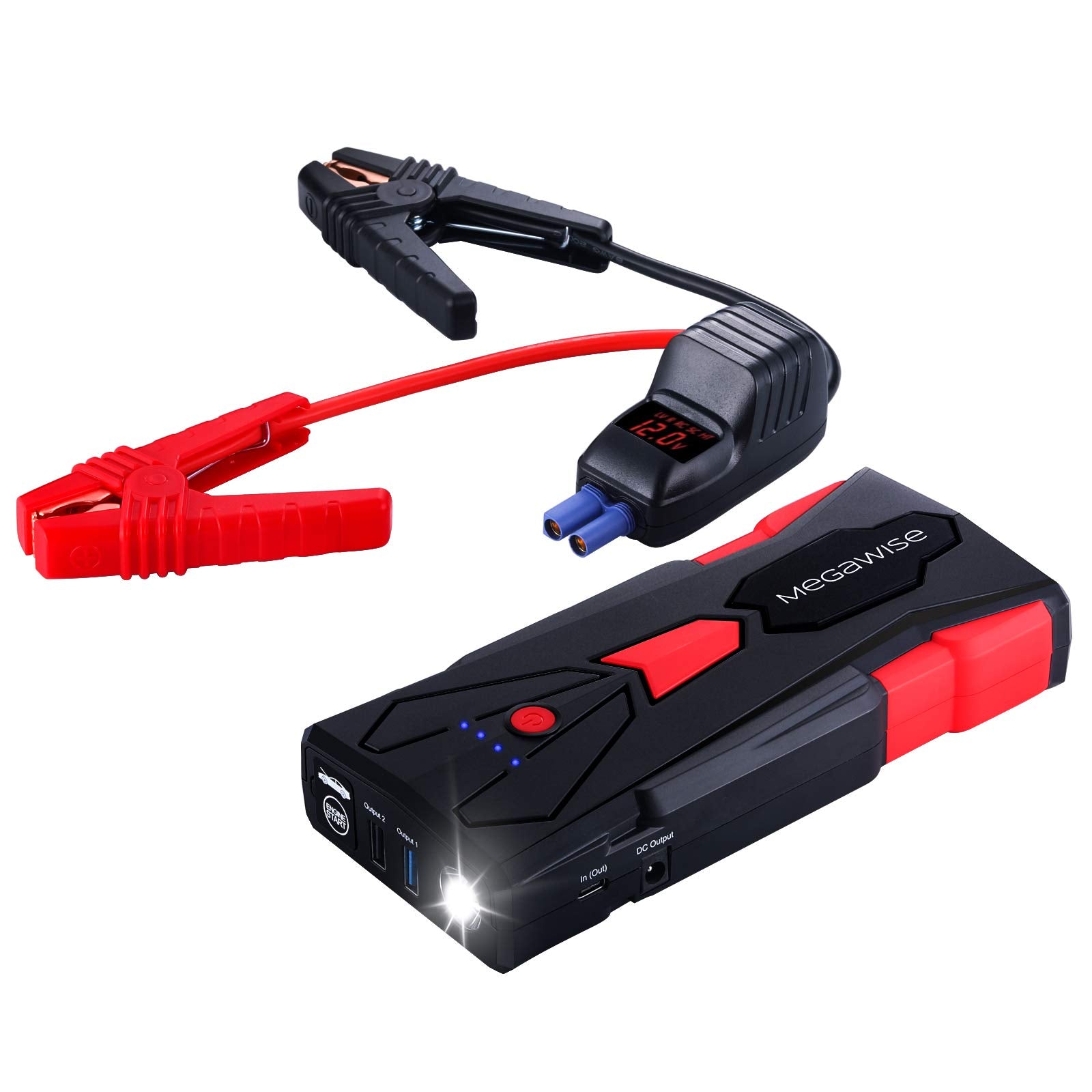 MEGAWISE 1500A Peak Car Battery Jump Starter, 16800mAh, 12V Portable Power, Dual USB, Flashlight, Model G23, Red & Black